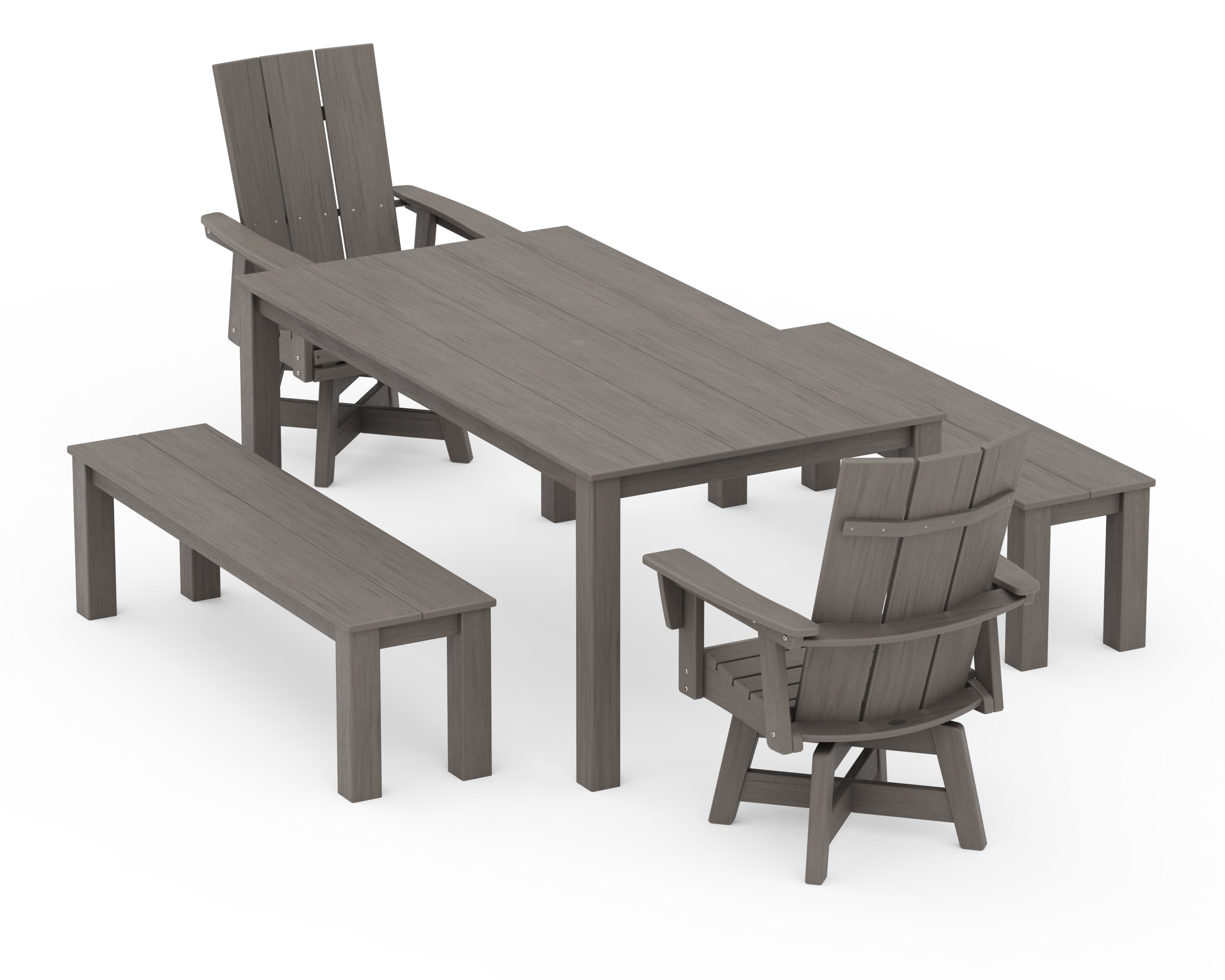 Modern Curveback Adirondack 5-Piece Parsons Swivel Dining Set with Benches in Driftwood