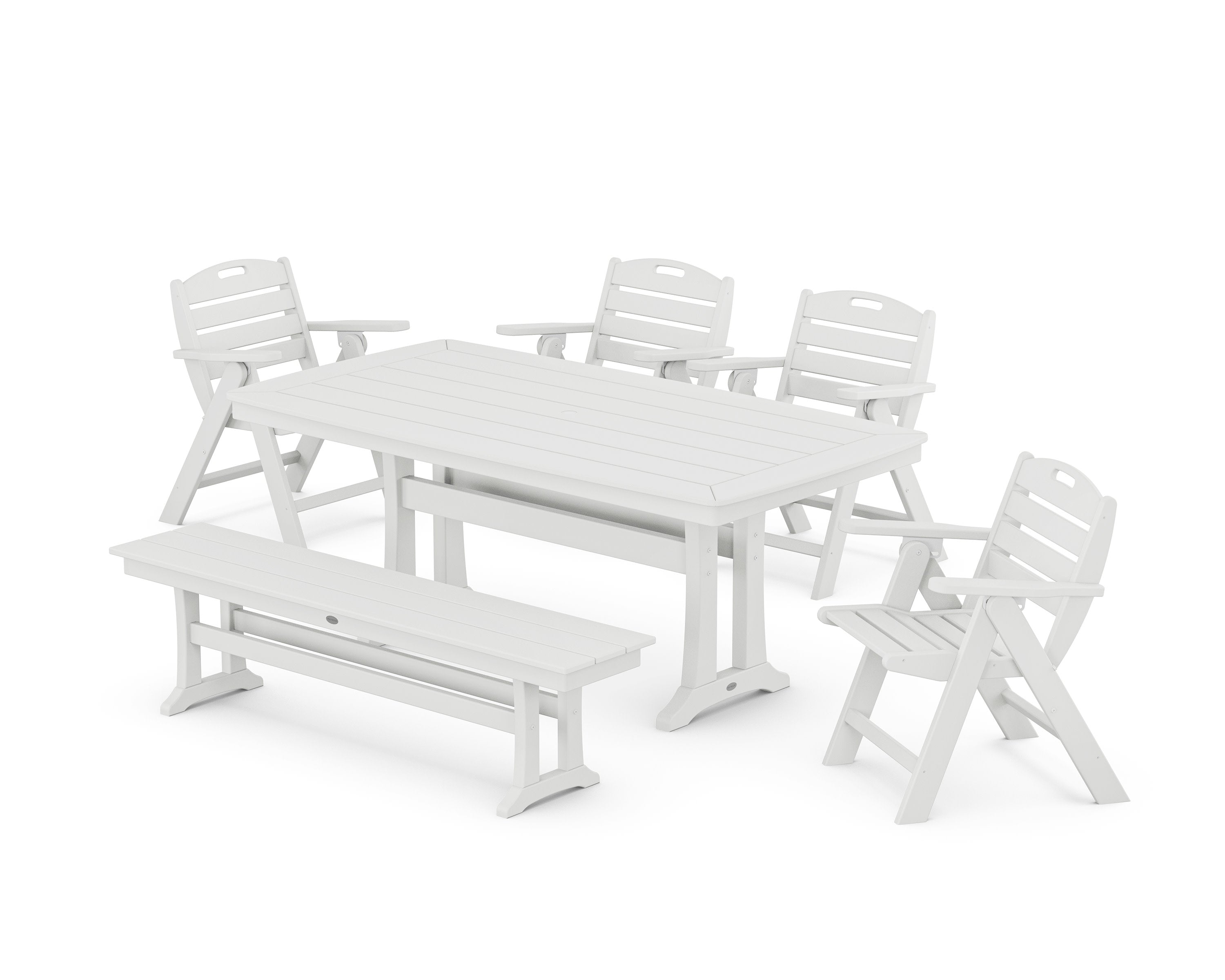 Nautical Lowback 6-Piece Dining Set with Trestle Legs and Bench in White