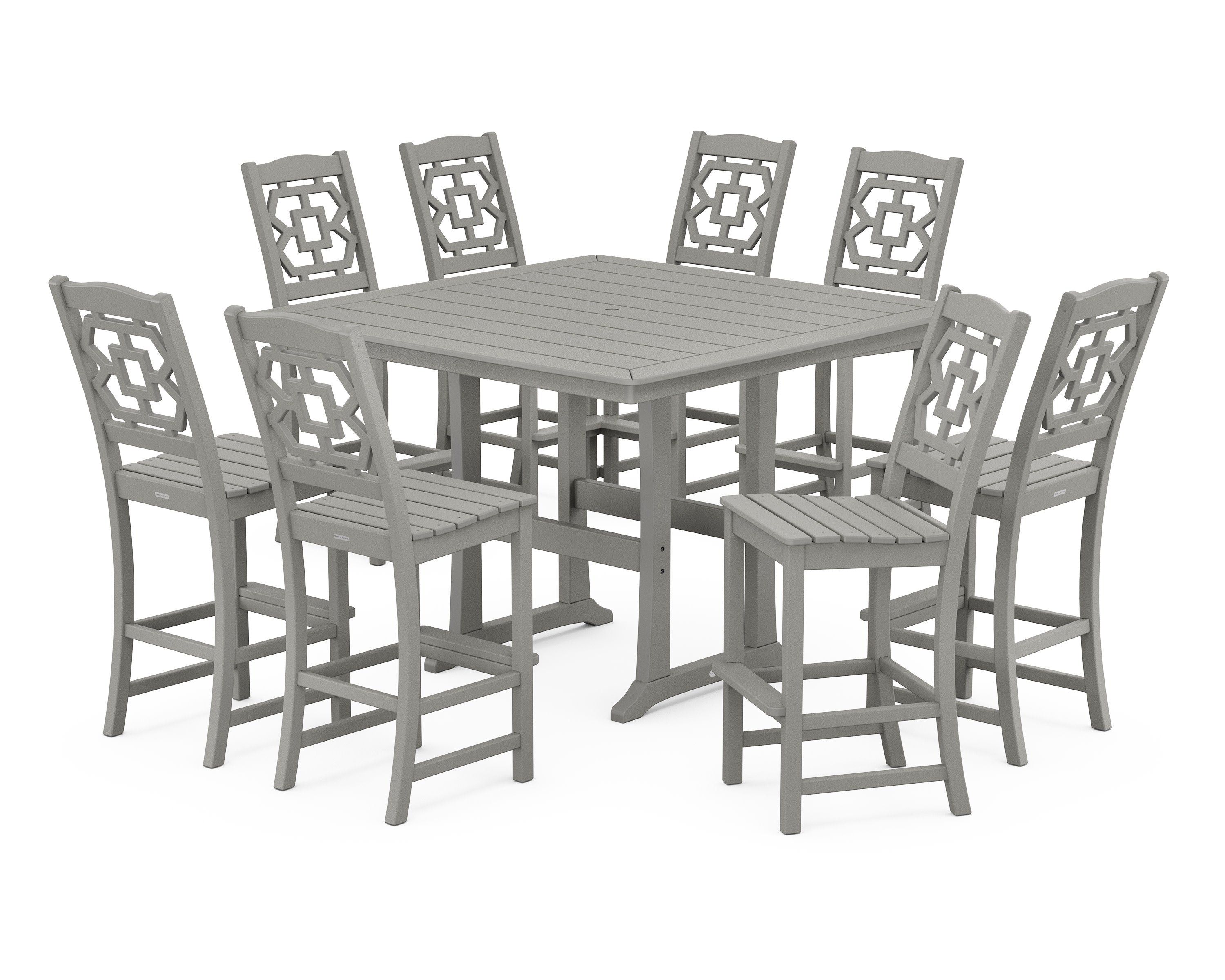 Chinoiserie 9-Piece Square Side Chair Bar Set with Trestle Legs in Slate Grey