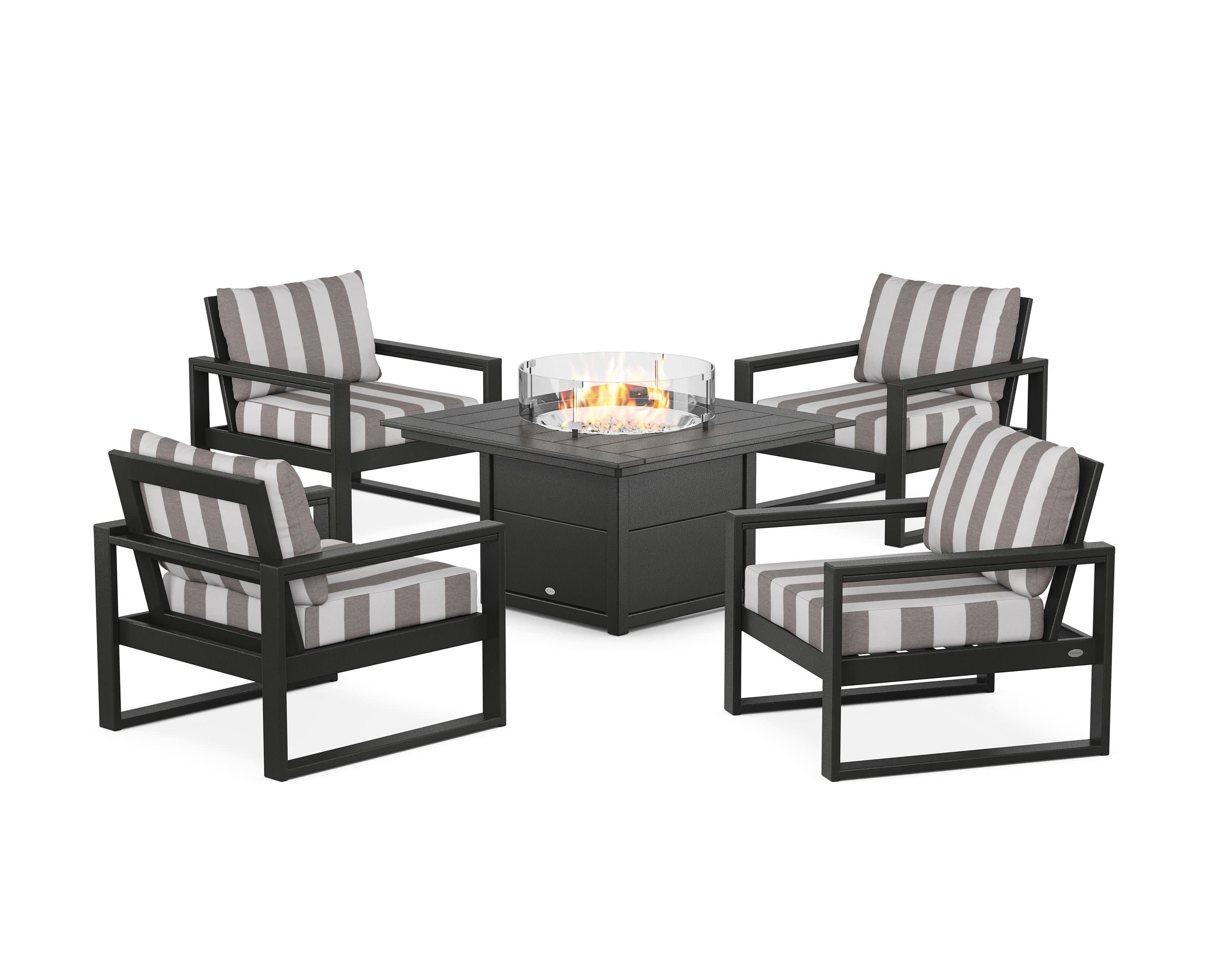 EDGE Sectional 5-Piece Deep Seating Set with Fire Pit Table in Black / Cabana Stripe Grey Mist