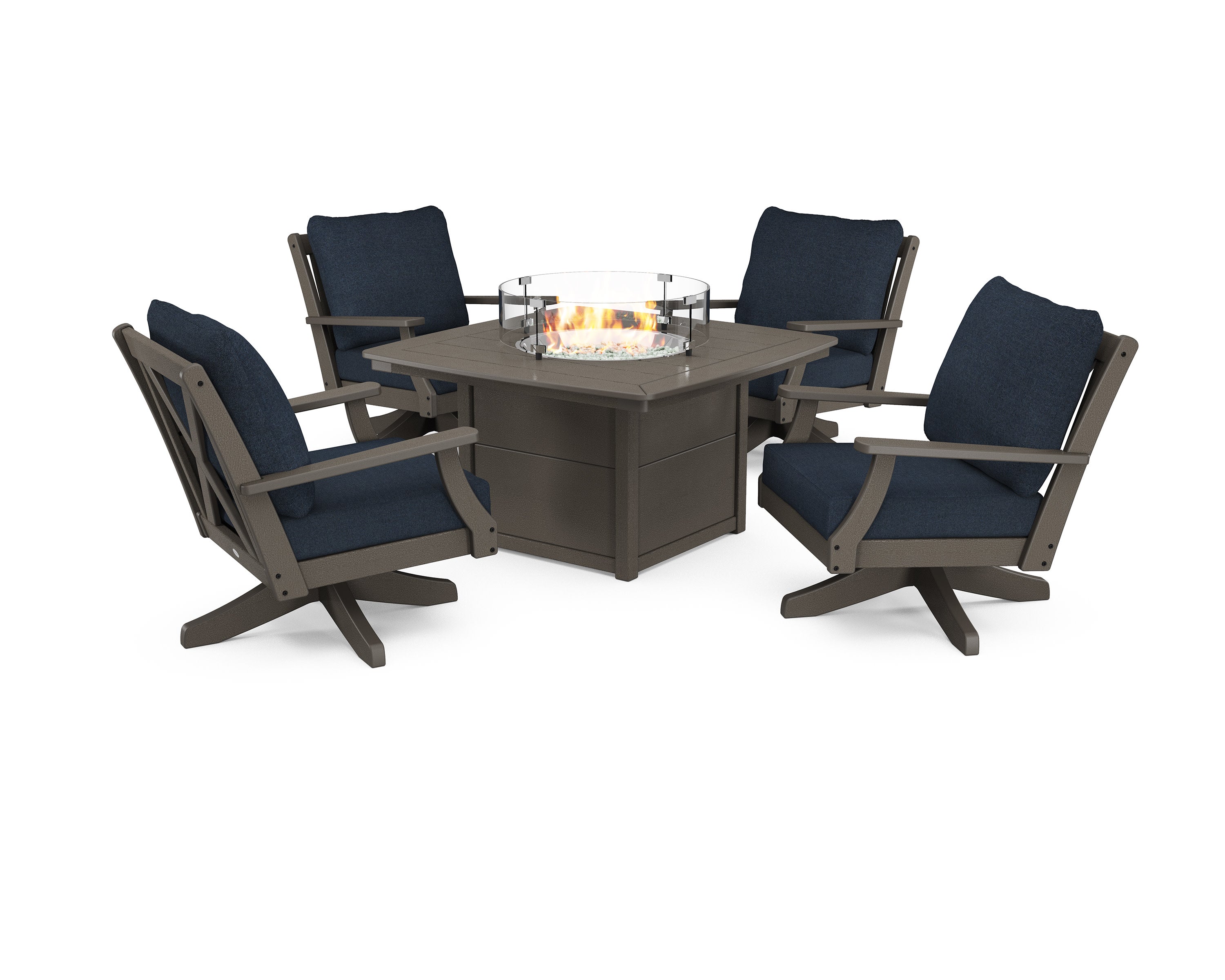 Braxton 5-Piece Deep Seating Swivel Conversation Set with Fire Pit Table in Vintage Coffee / Marine Indigo