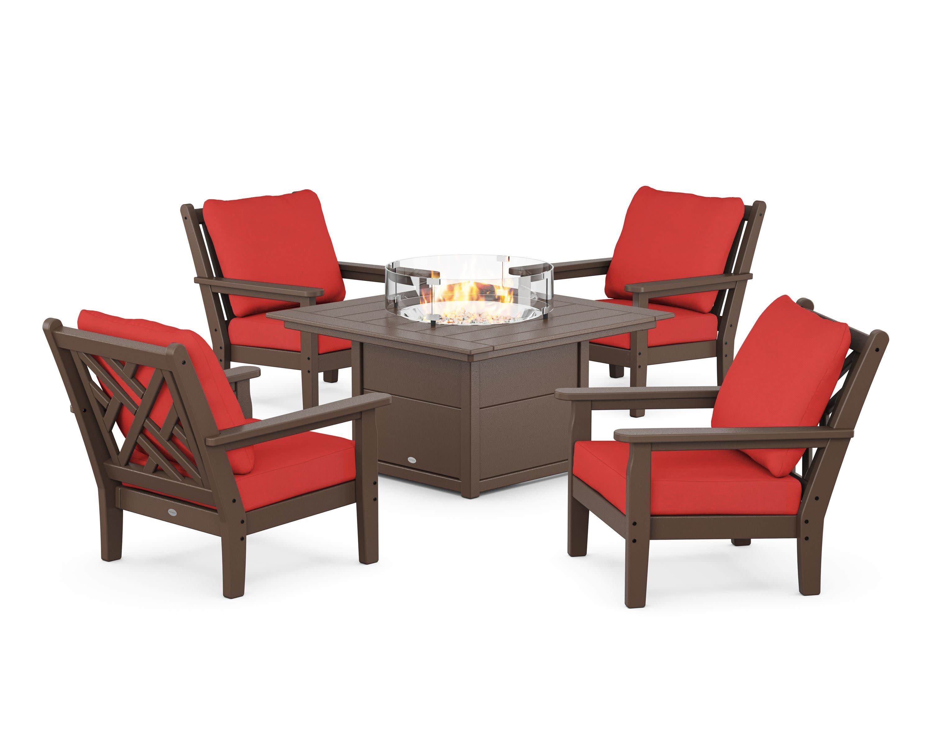 Chippendale 5-Piece Deep Seating Set with Fire Pit Table in Mahogany / Crimson Linen