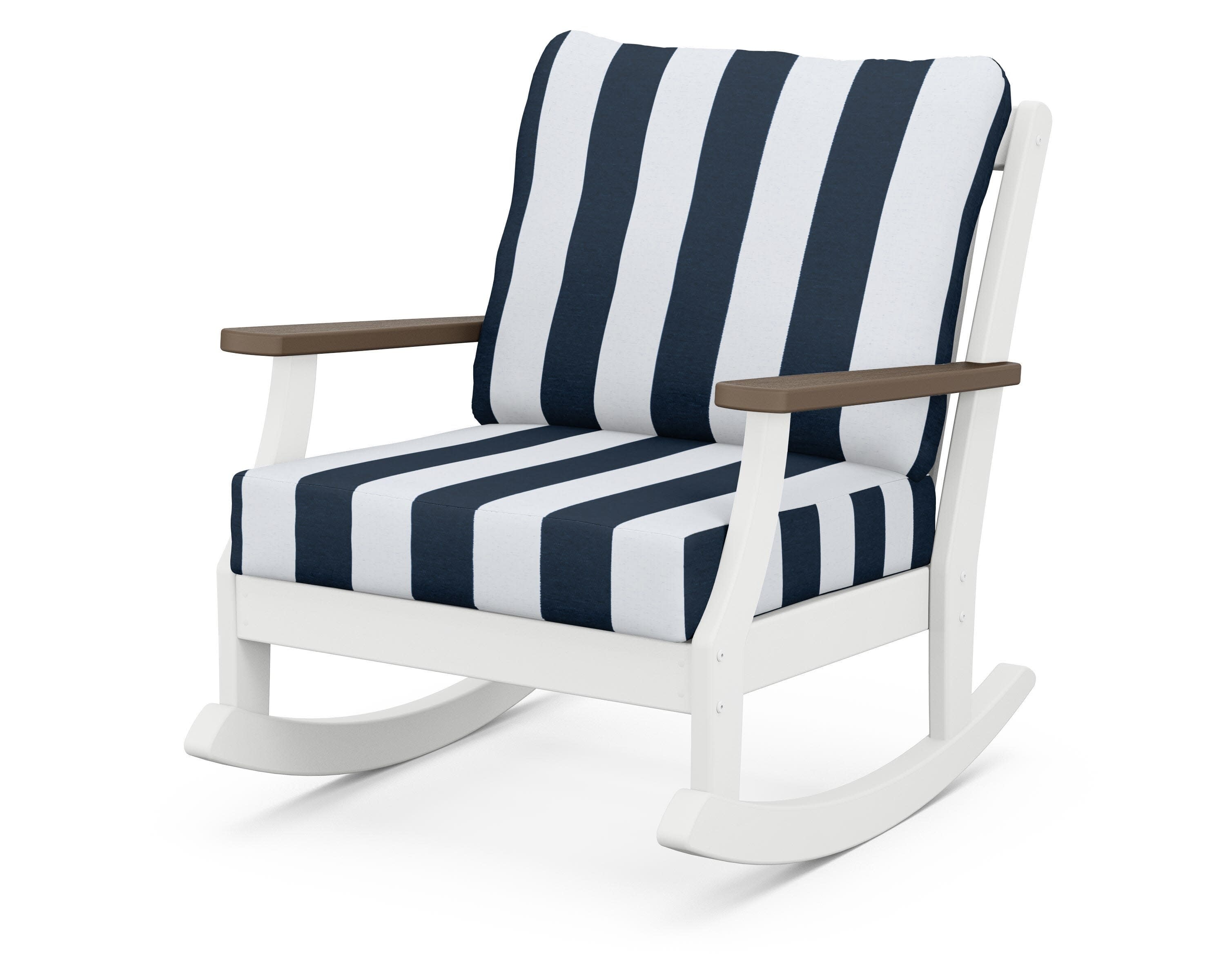 Braxton Deep Seating Rocking Chair in White / Kona / Cabana Stripe Marine Indigo