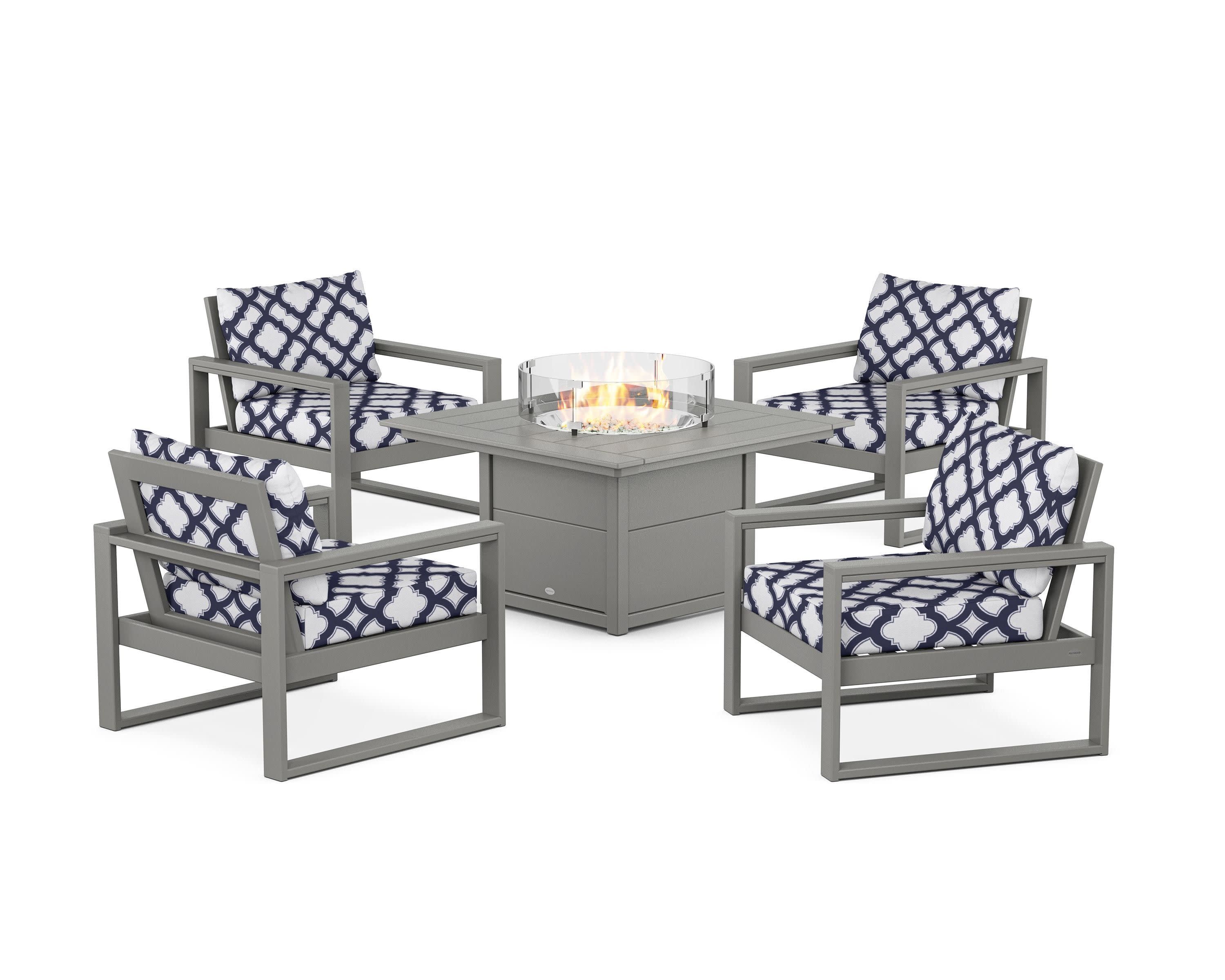 EDGE Sectional 5-Piece Deep Seating Set with Fire Pit Table in Slate Grey / Trellis Navy