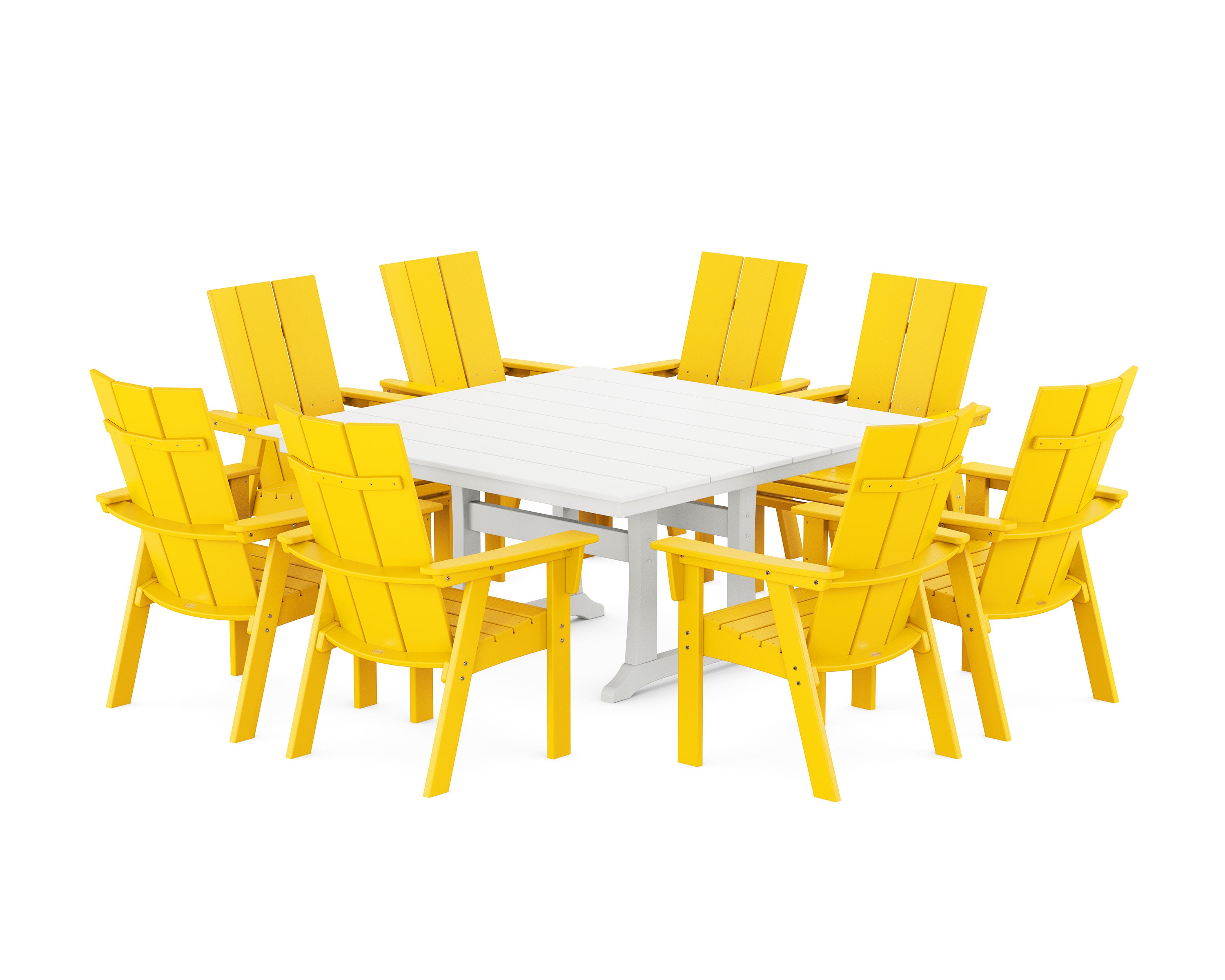 Modern Curveback Adirondack 9-Piece Farmhouse Trestle Dining Set in Lemon / White