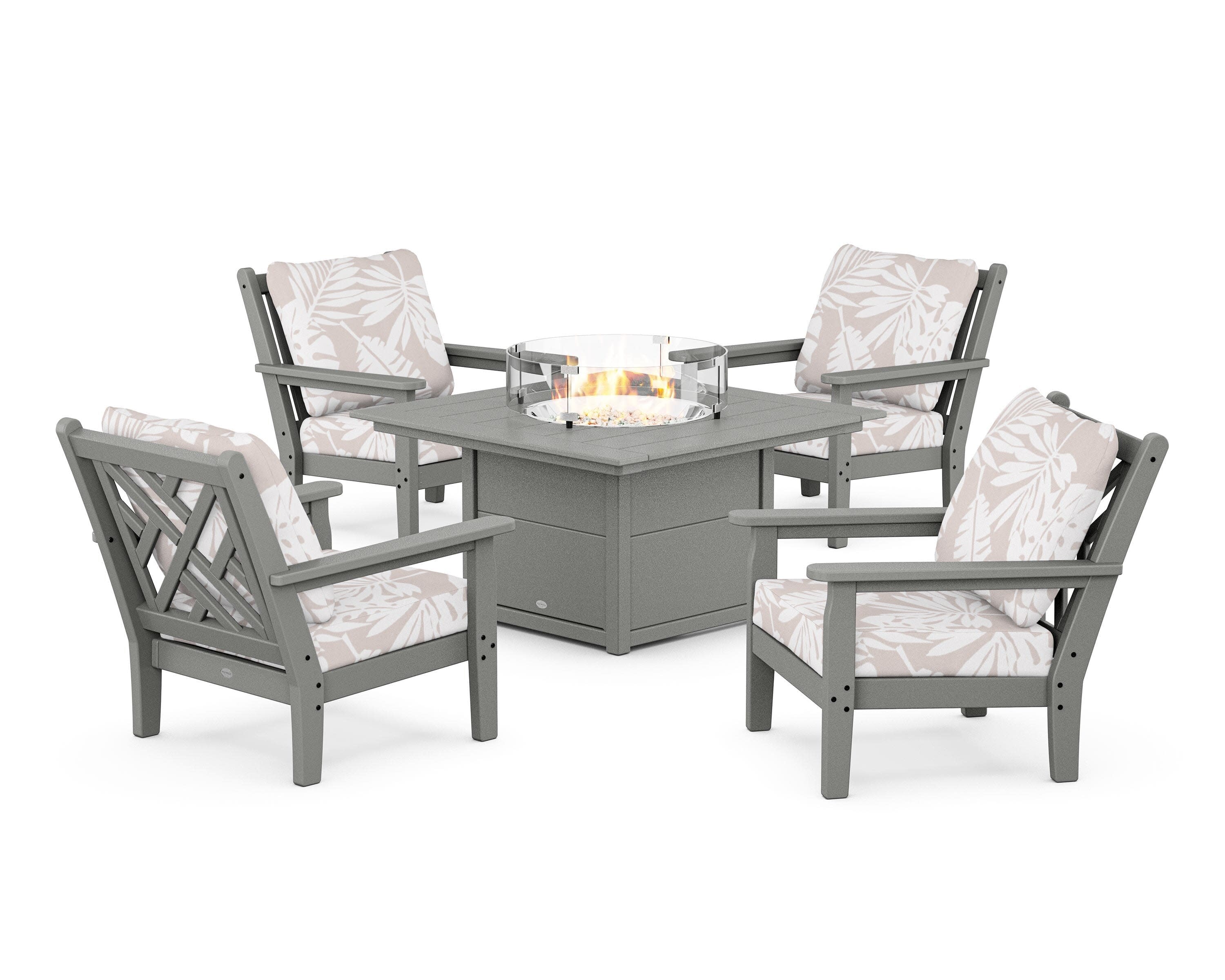 Chippendale 5-Piece Deep Seating Set with Fire Pit Table in Slate Grey / Leaf Dune Burlap