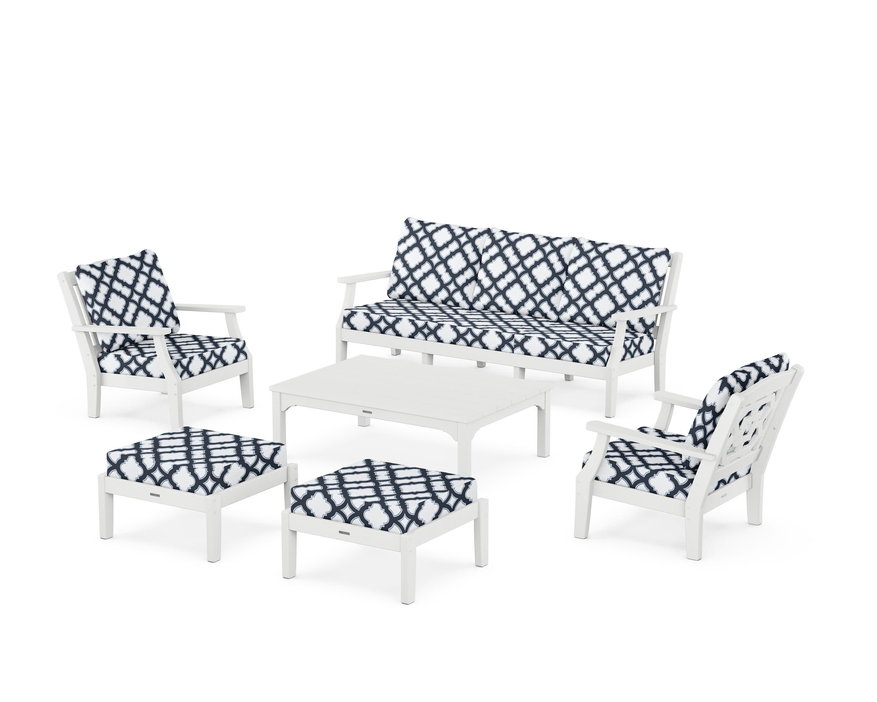 Chinoiserie 6-Piece Lounge Sofa Set in White / Trellis Marine Indigo