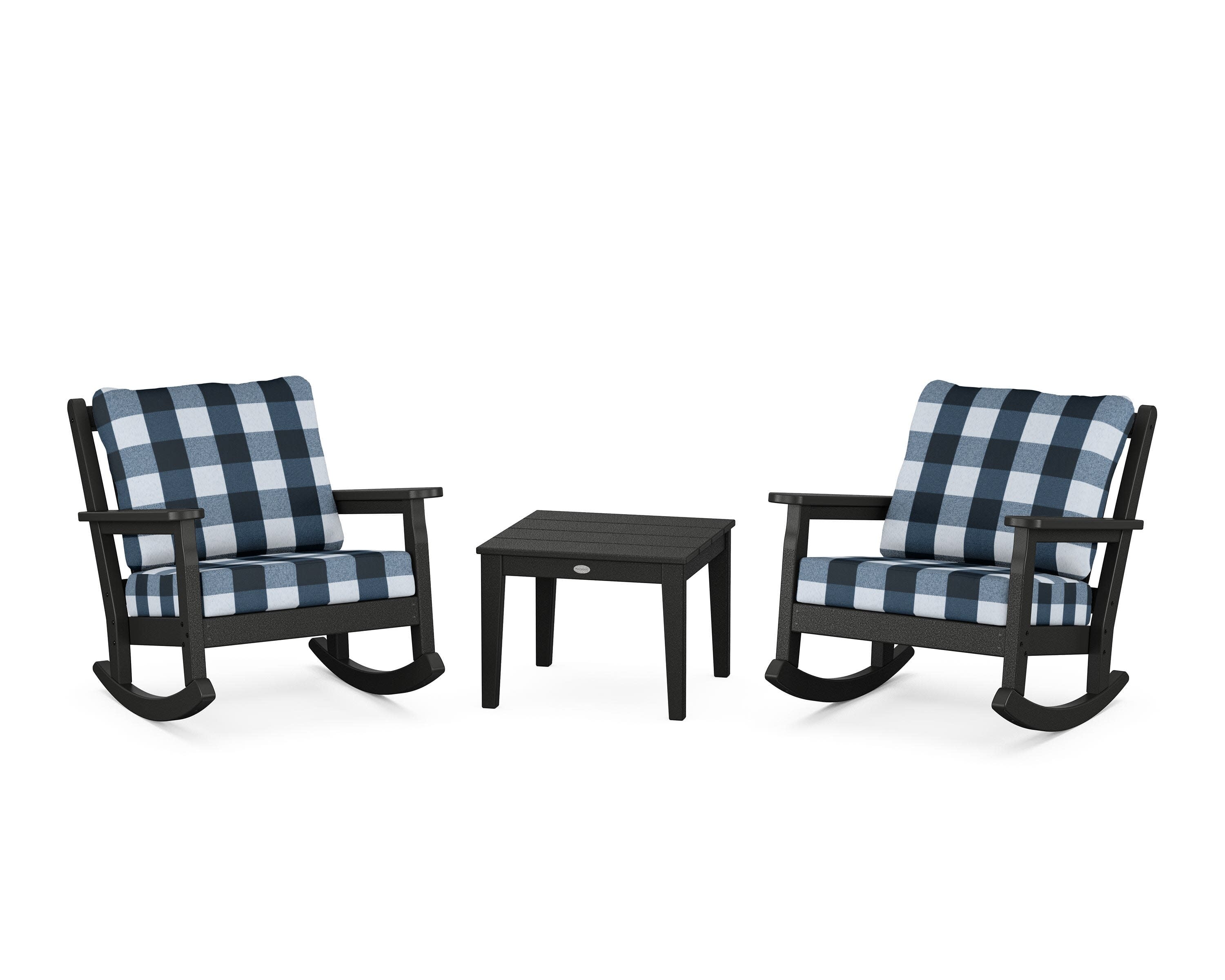 Chippendale 3-Piece Deep Seating Rocker Set in Black / Buffalo Plaid Marine Indigo