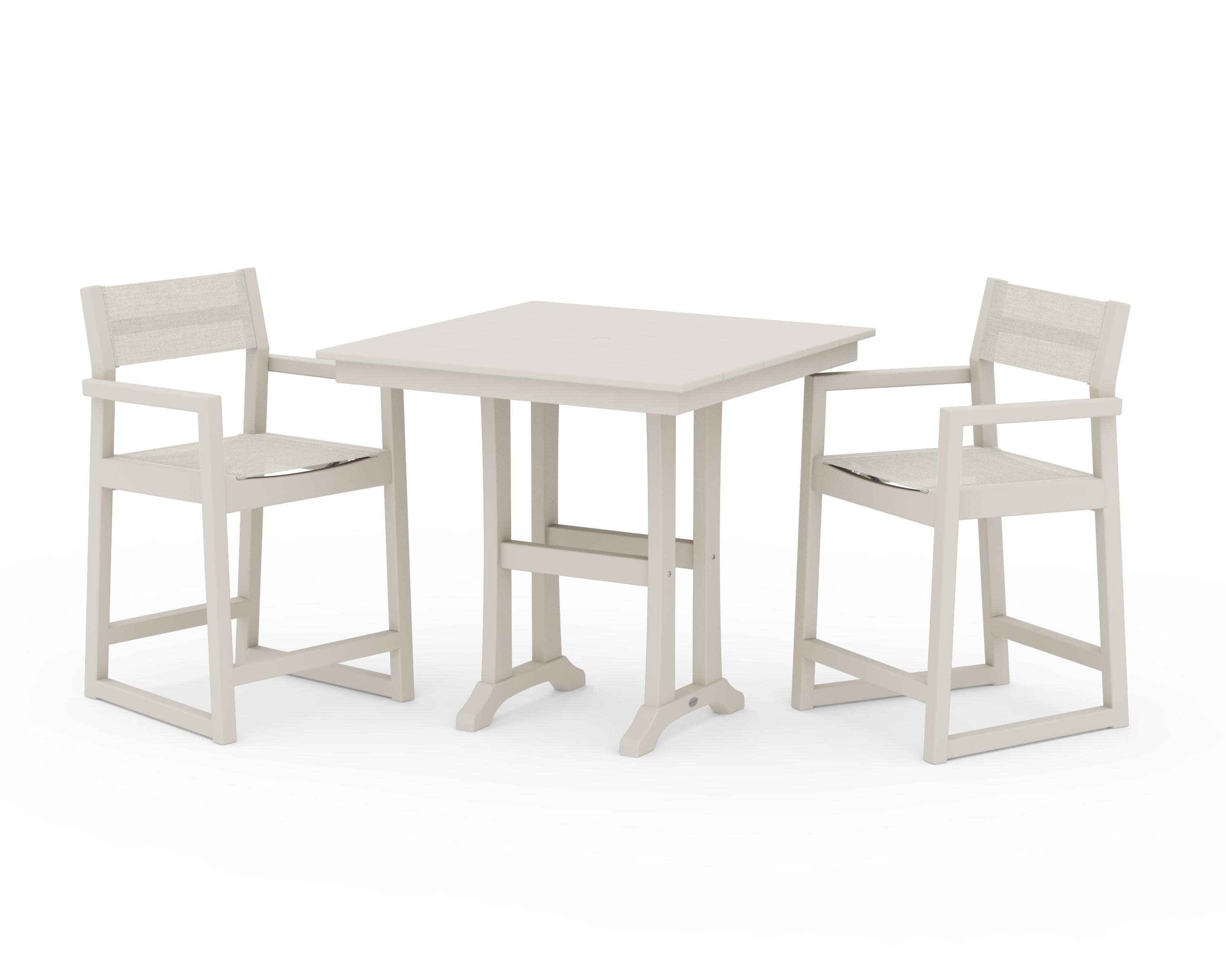 EDGE Sling Arm Chair 3-Piece Farmhouse Counter Set with Trestle Legs in Sand / Parchment Sling