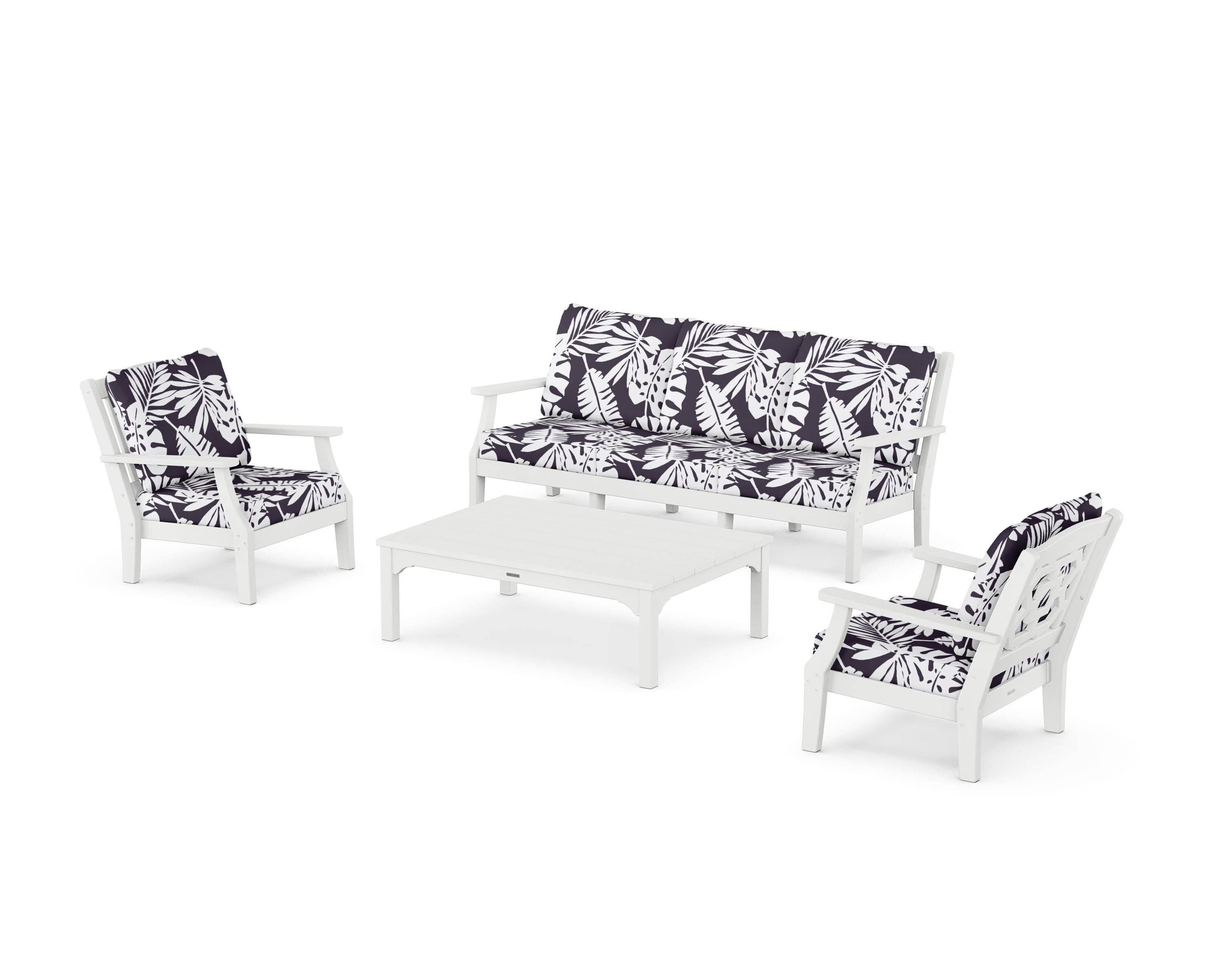 Chinoiserie 4-Piece Deep Seating Set with Sofa in White / Leaf Navy