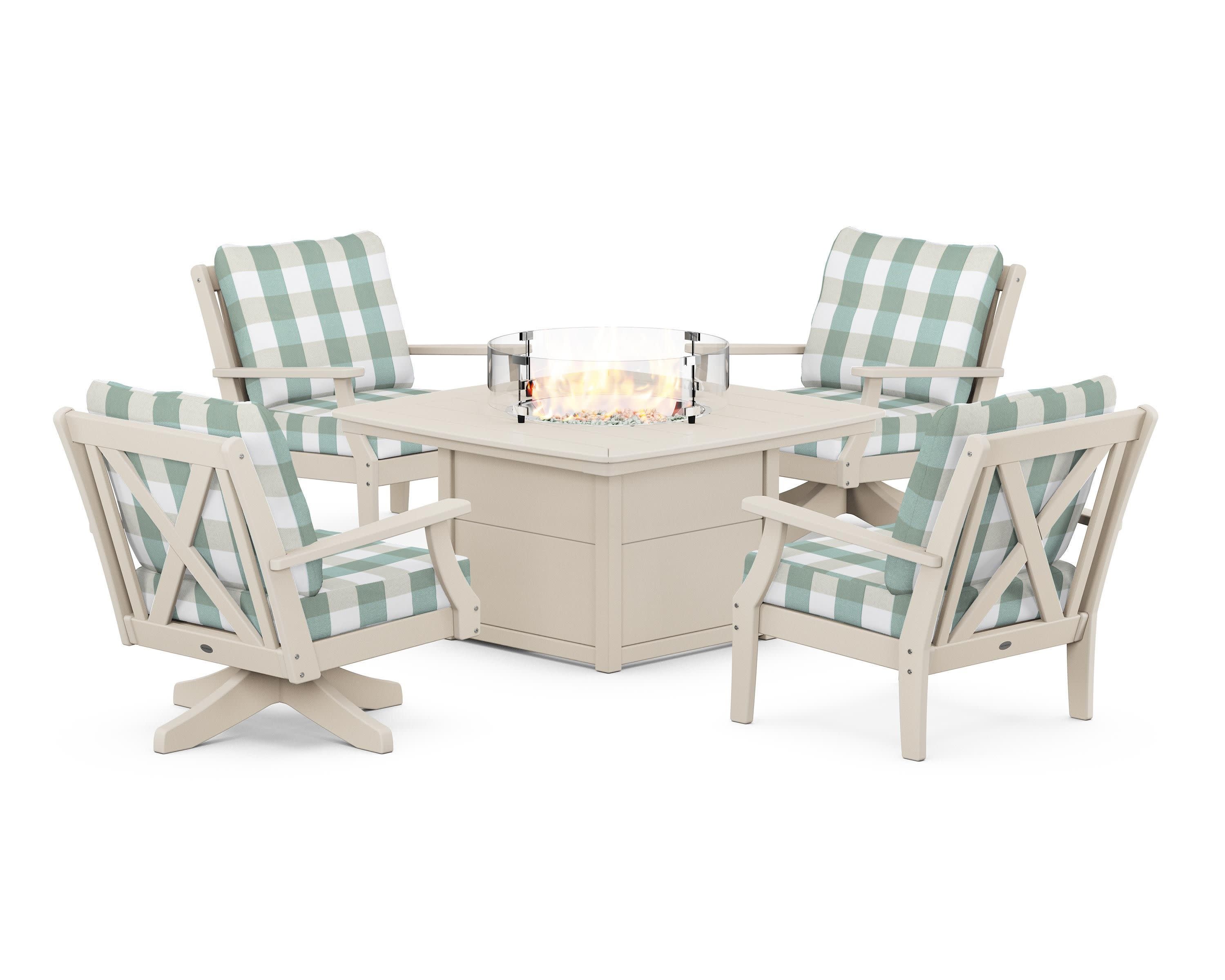 Braxton 5-Piece Deep Seating Set with Fire Table in Sand / Buffalo Plaid Glacier Spa