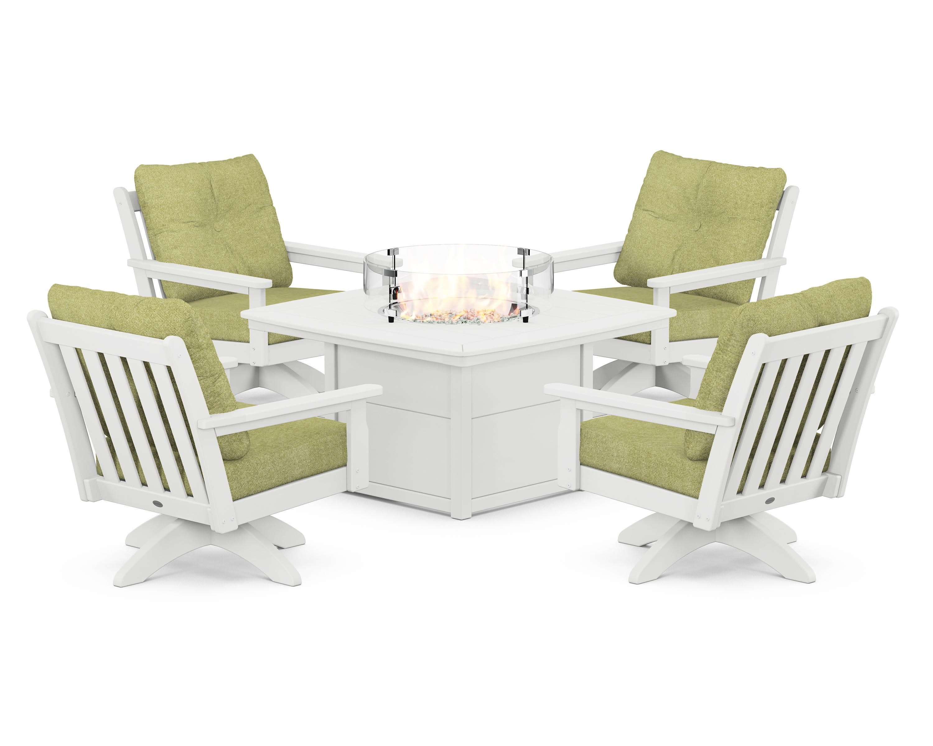Vineyard 5-Piece Deep Seating Swivel Conversation Set with Fire Pit Table in White / Chartreuse Boucle