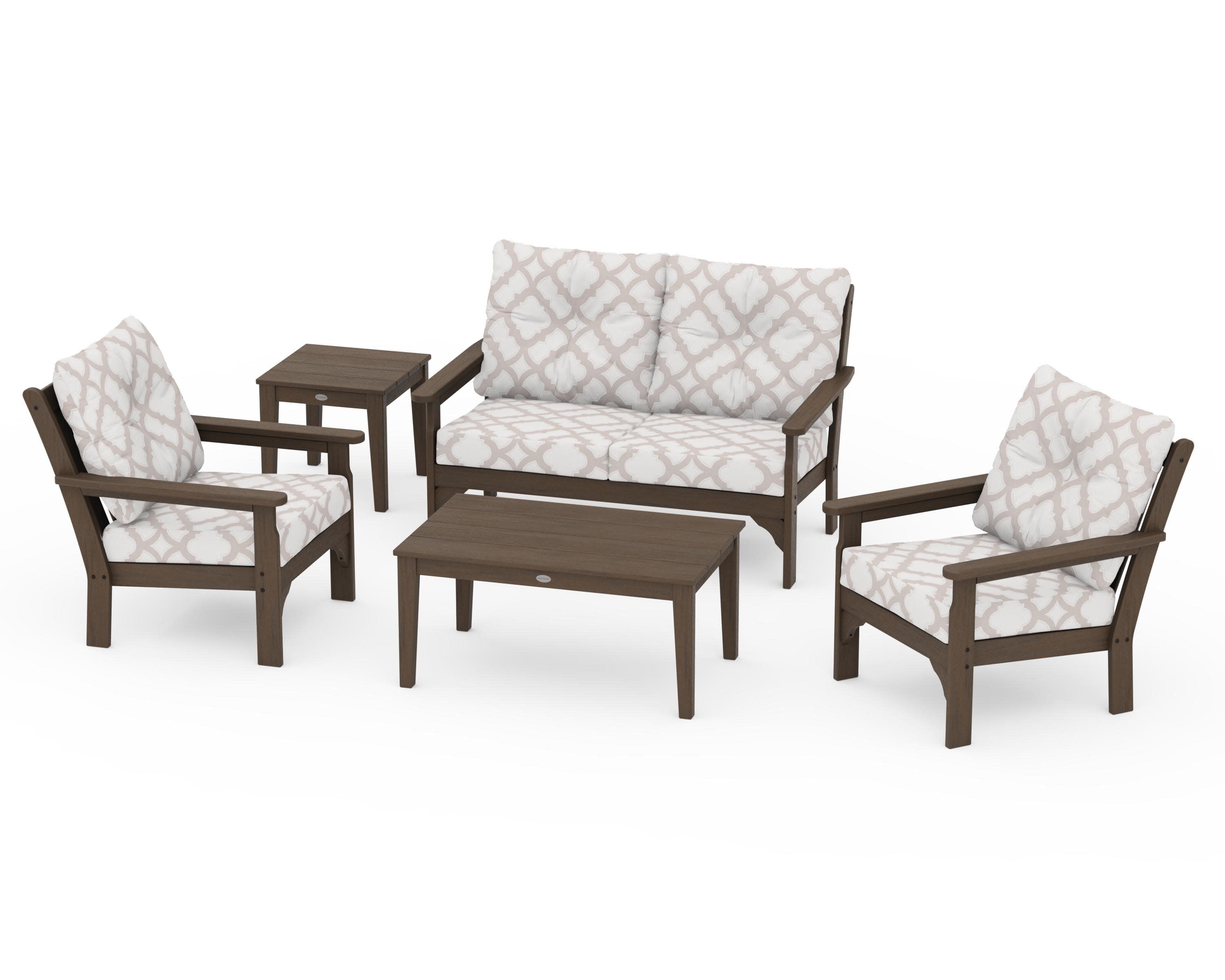 Vineyard 5-Piece Deep Seating Set in Kona / Trellis Dune Burlap