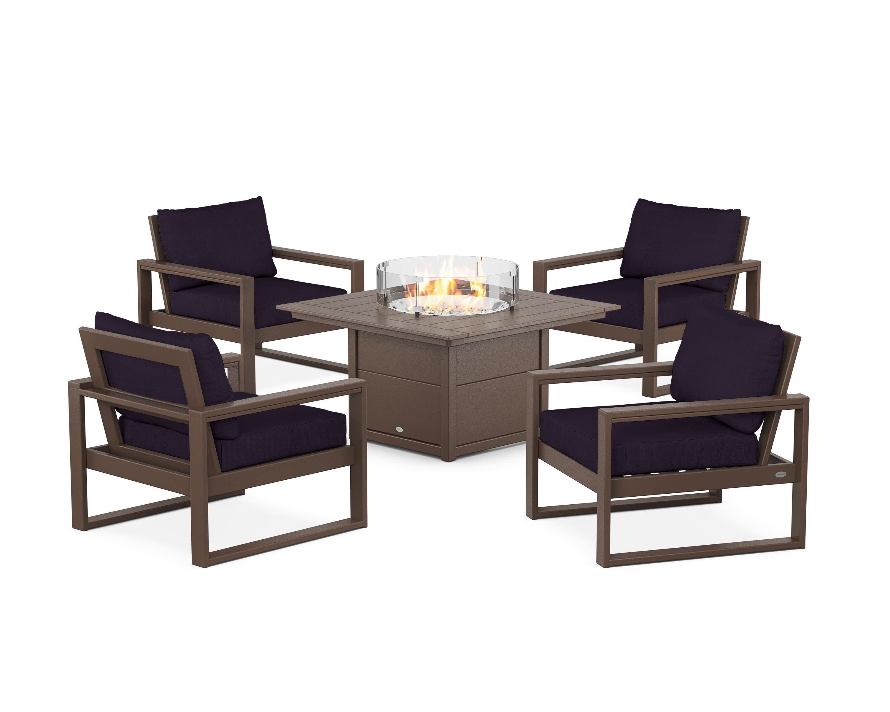 EDGE Sectional 5-Piece Deep Seating Set with Fire Pit Table in Mahogany / Navy Linen