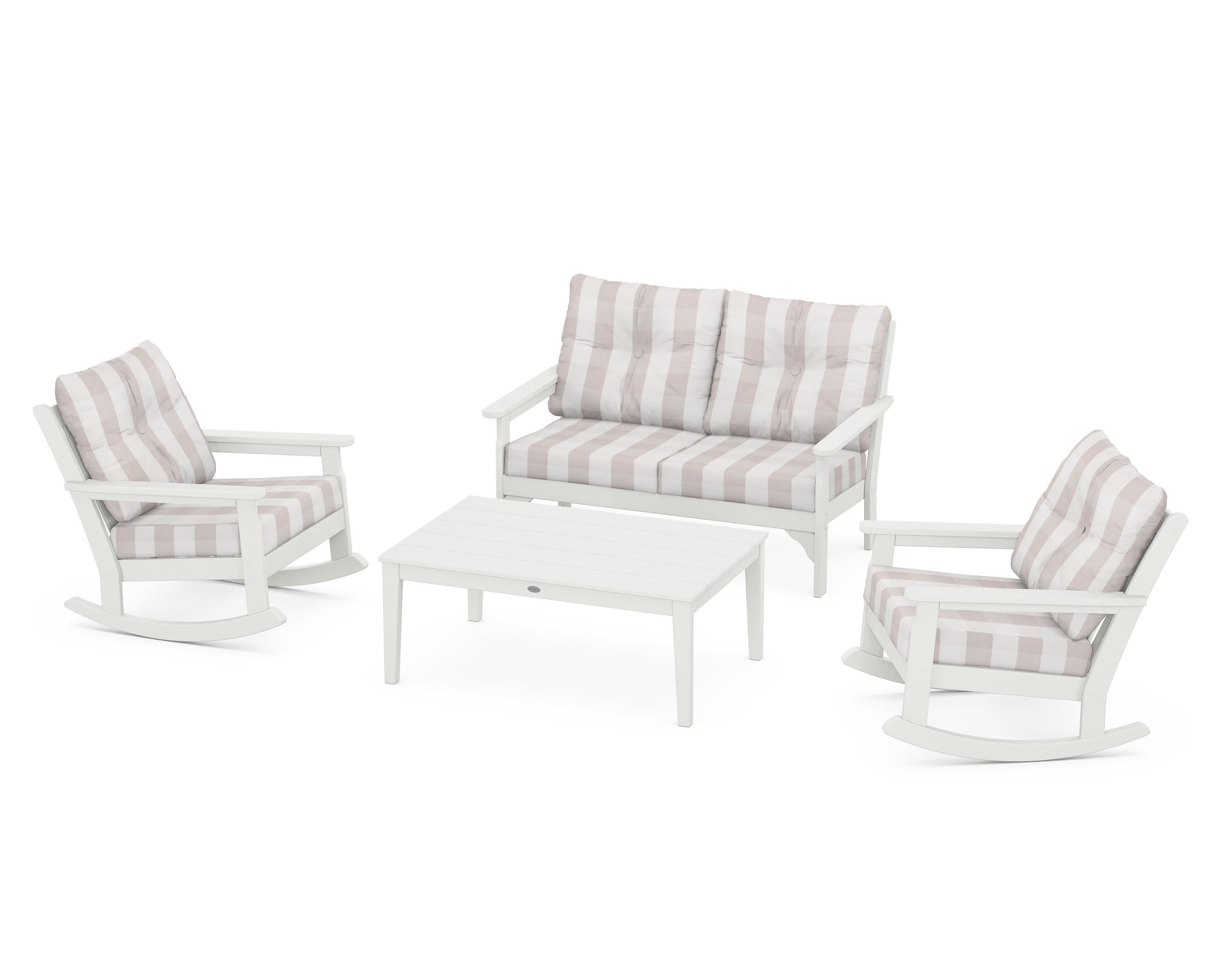 Vineyard 4-Piece Deep Seating Rocking Chair Set in Vintage White / Buffalo Plaid Dune Burlap