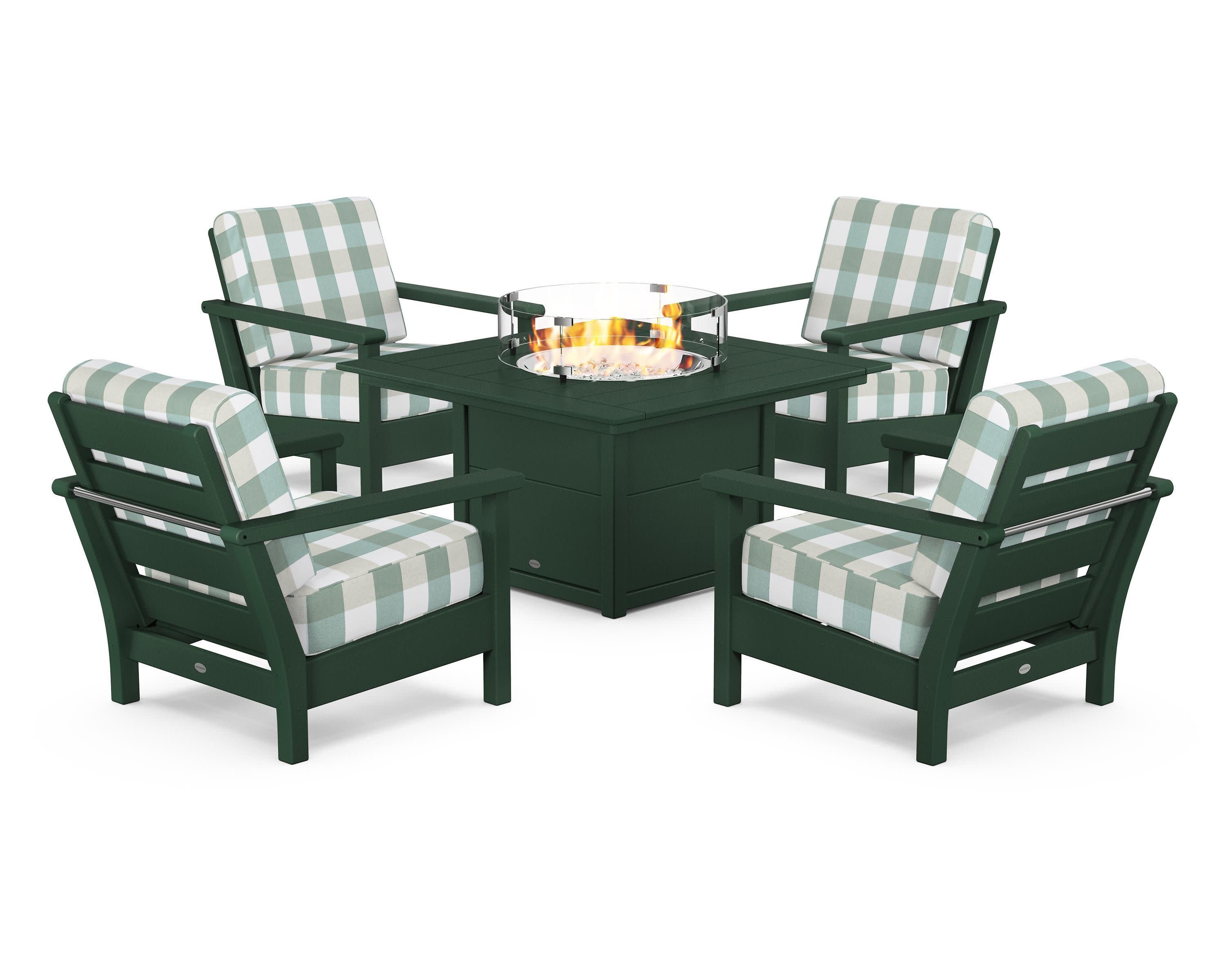 Harbour 5-Piece Conversation Set with Fire Pit Table in Green / Buffalo Plaid Glacier Spa