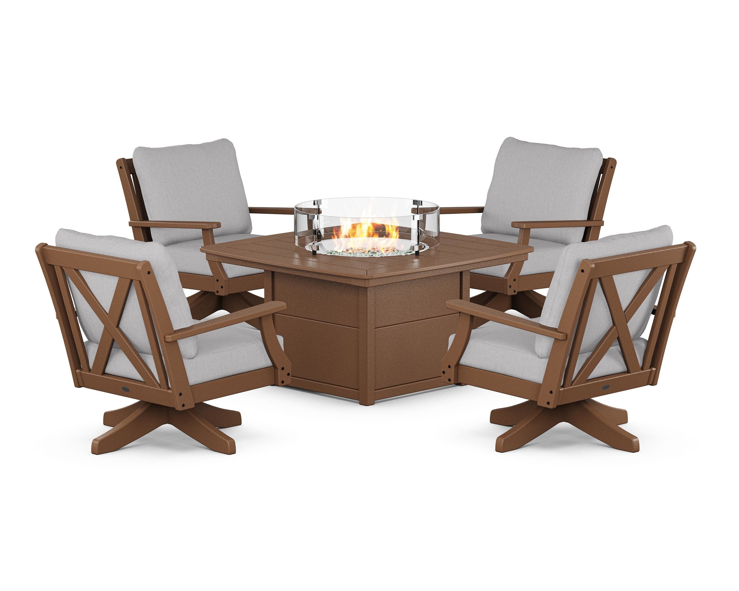 Braxton 5-Piece Deep Seating Swivel Conversation Set with Fire Pit Table in Teak / Granite
