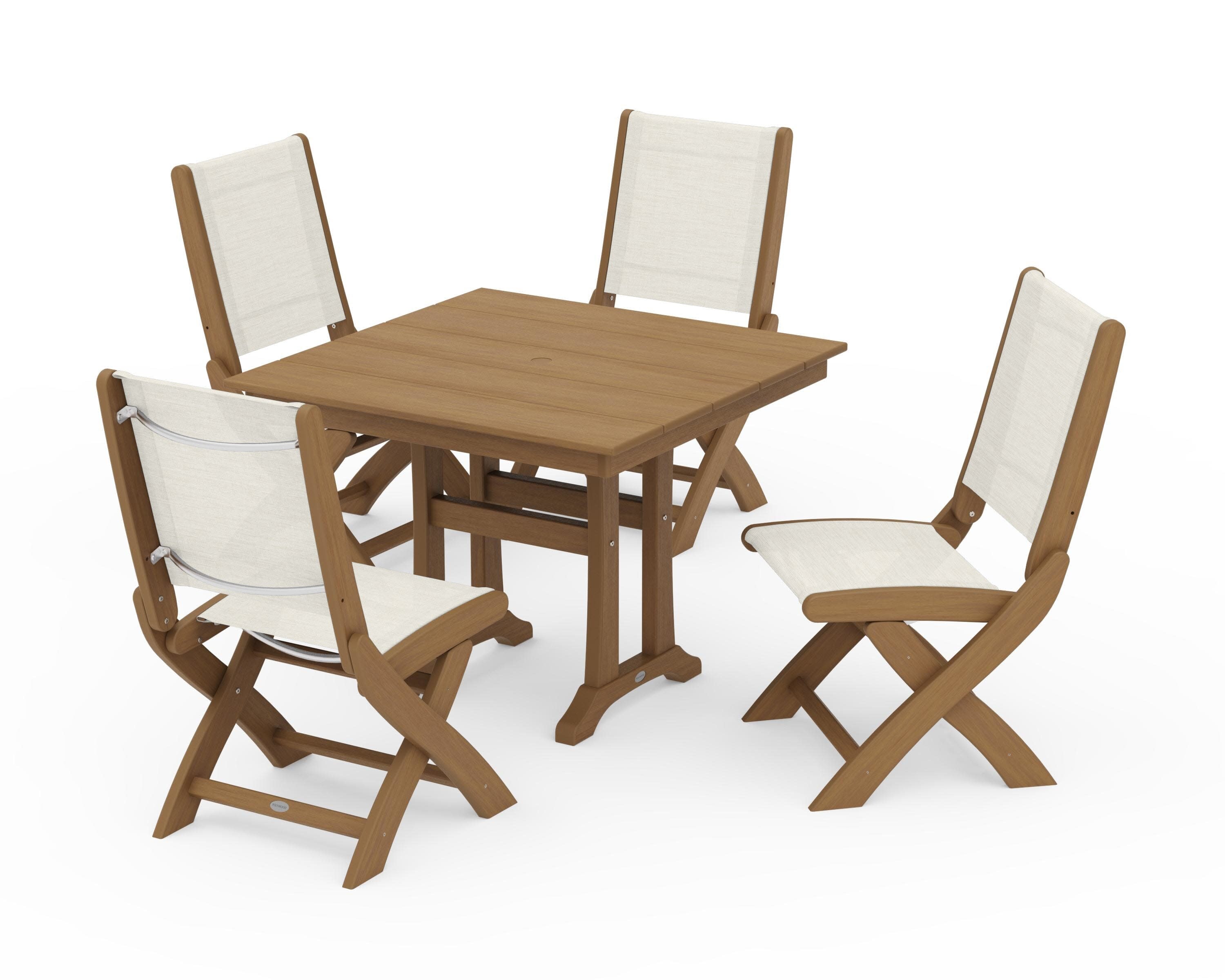 Coastal Folding Side Chair 5-Piece Farmhouse Dining Set With Trestle Legs in Natural / Parchment Sling