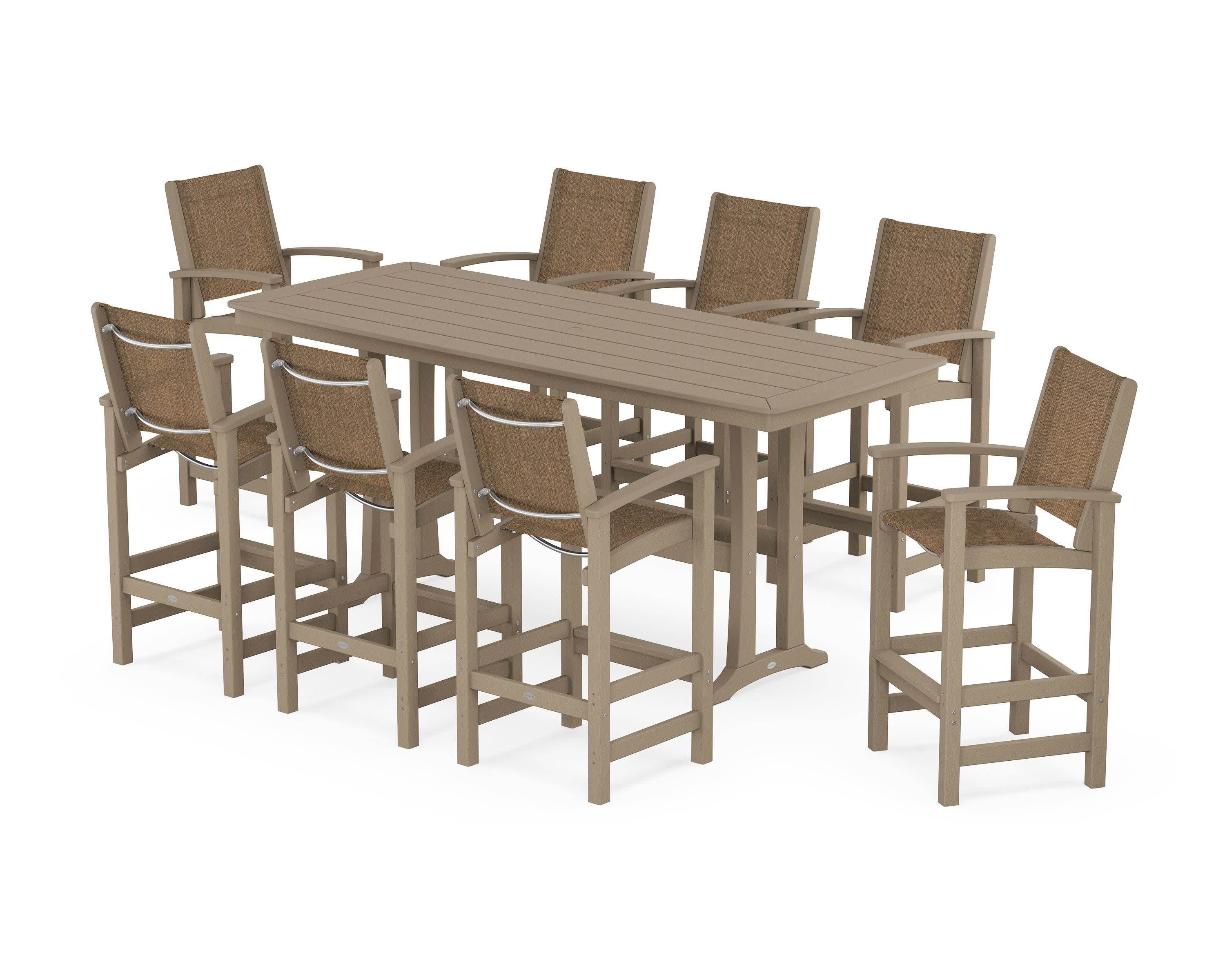 Coastal 9-Piece Bar Set with Trestle Legs in Vintage Sahara / Burlap Sling