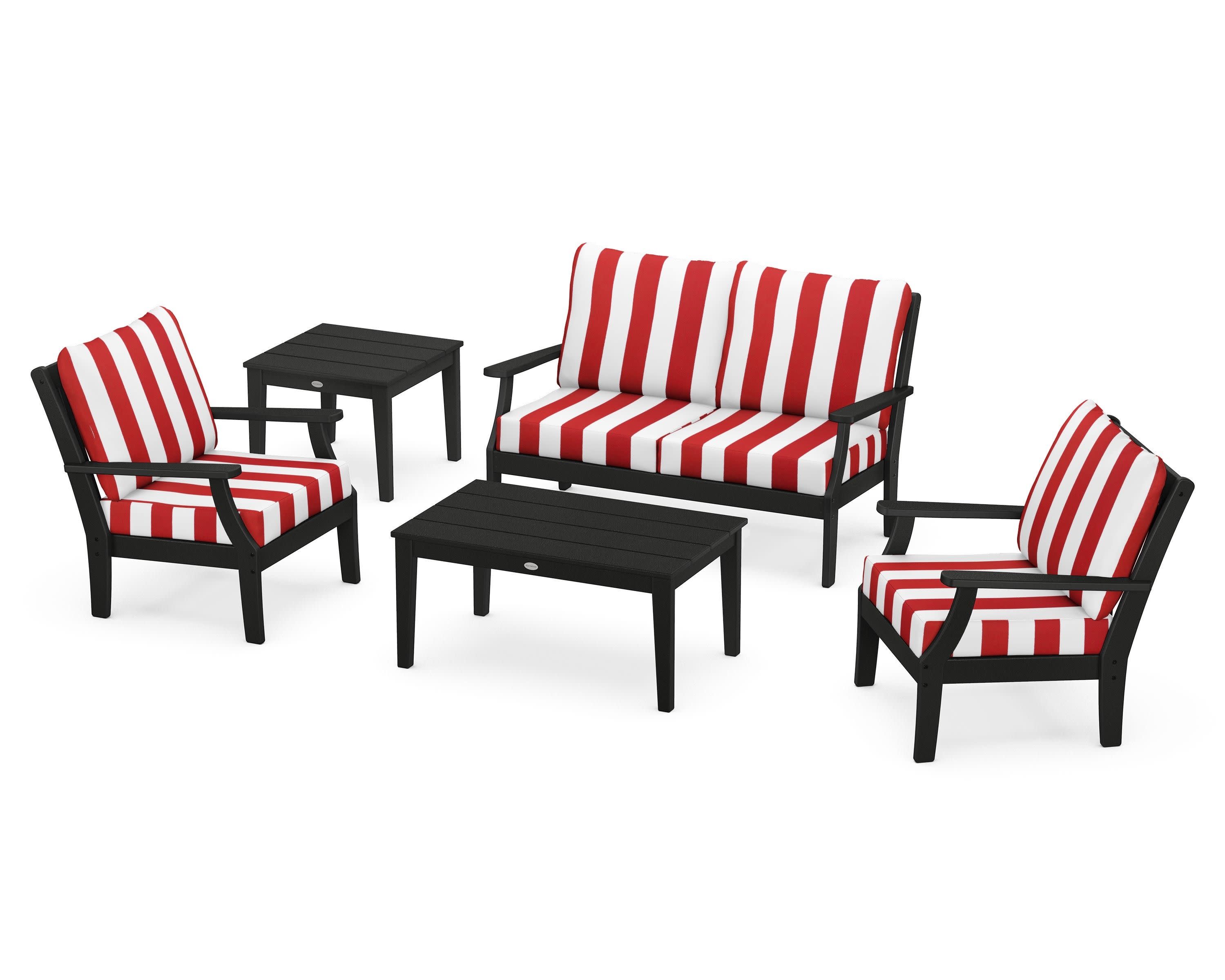Braxton 5-Piece Deep Seating Set in Black / Cabana Stripe Crimson