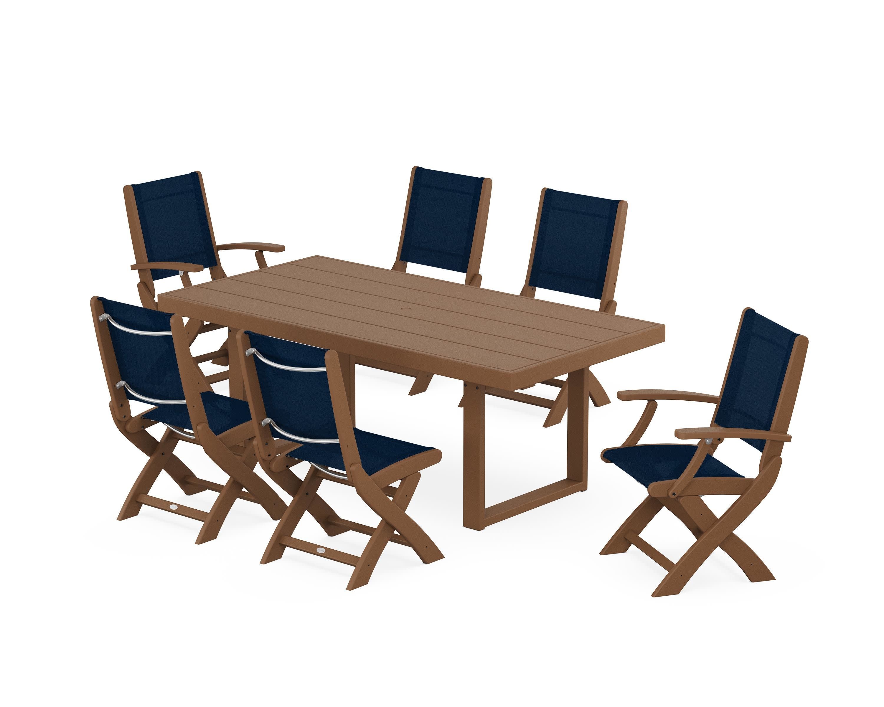 Coastal Folding Chair 7-Piece Dining Set with Trestle Legs in Teak / Navy Blue Sling