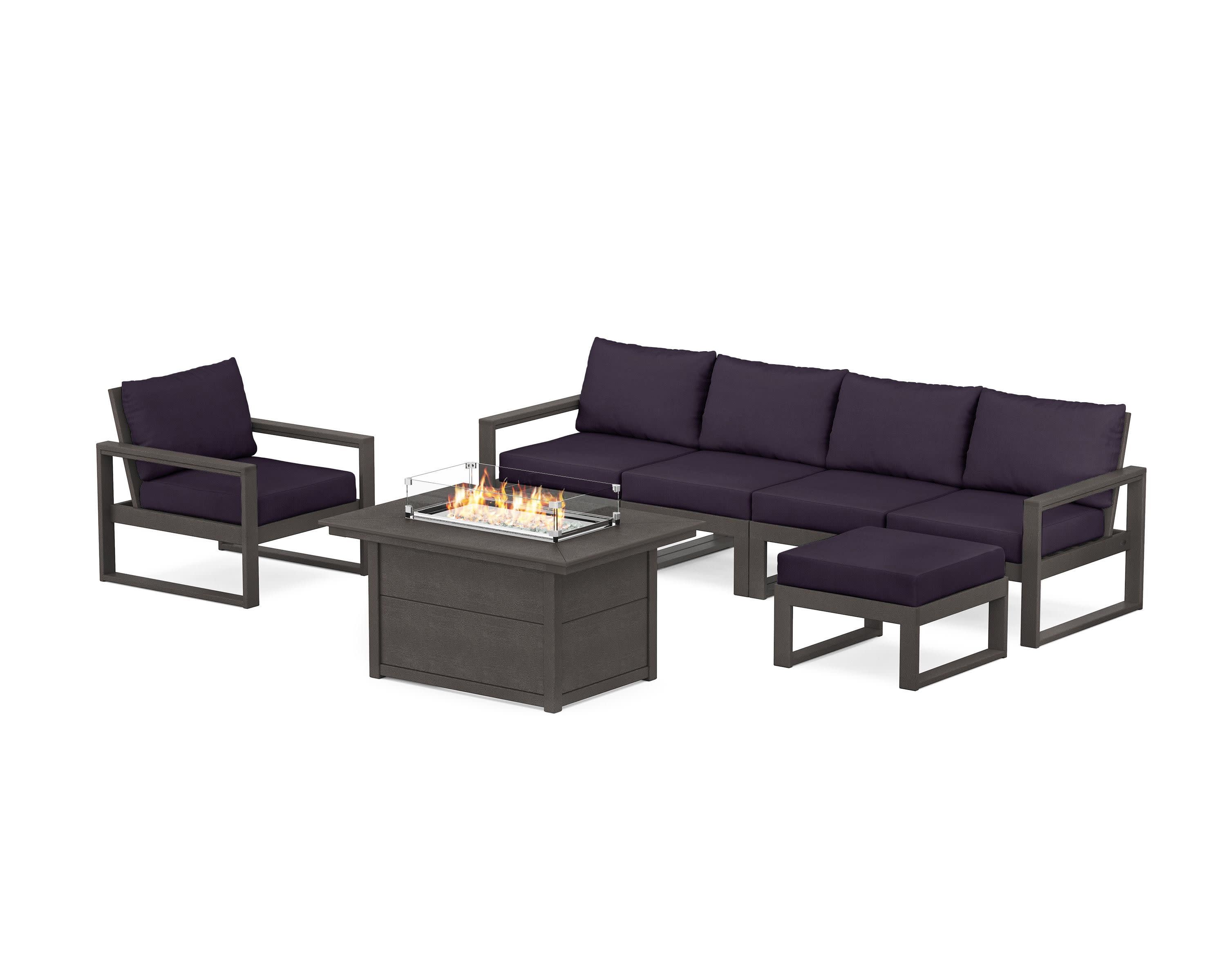 EDGE Sectional Lounge and Fire Pit Set in Vintage Coffee / Navy Linen