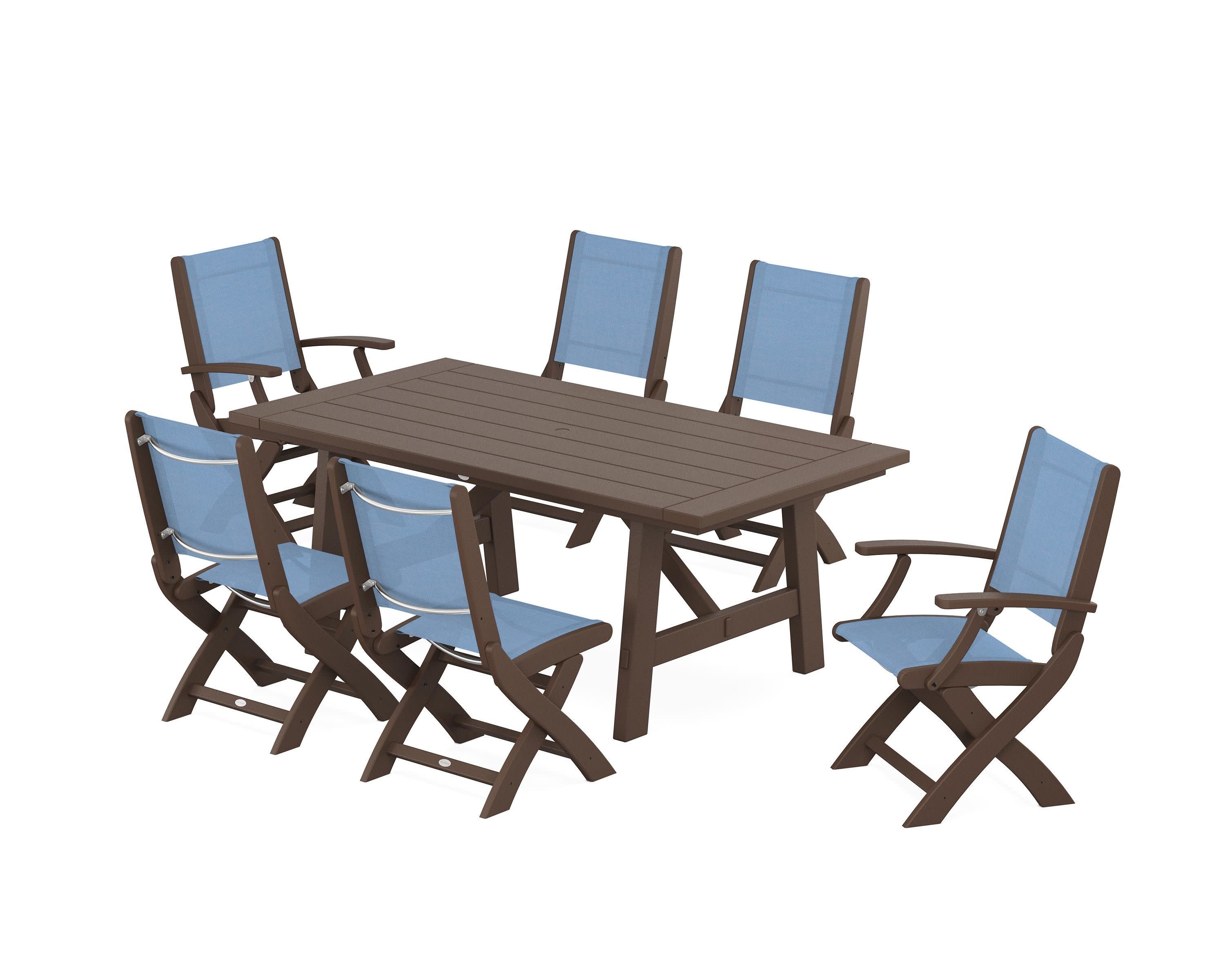 Coastal Folding Chair 7-Piece Rustic Farmhouse Dining Set in Mahogany / Poolside Sling