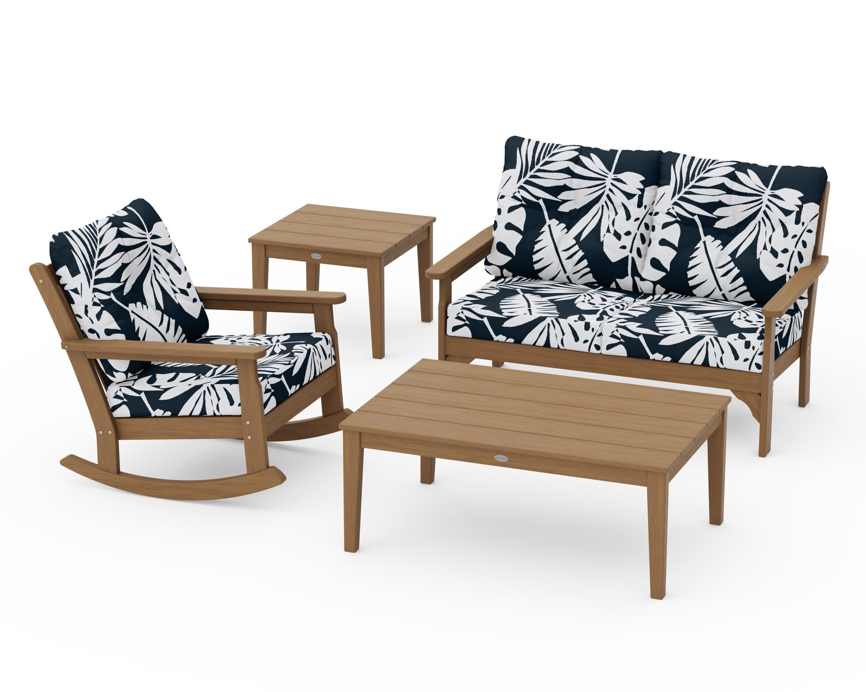 Vineyard 4-Piece Deep Seating Rocker Set in Natural / Leaf Marine Indigo