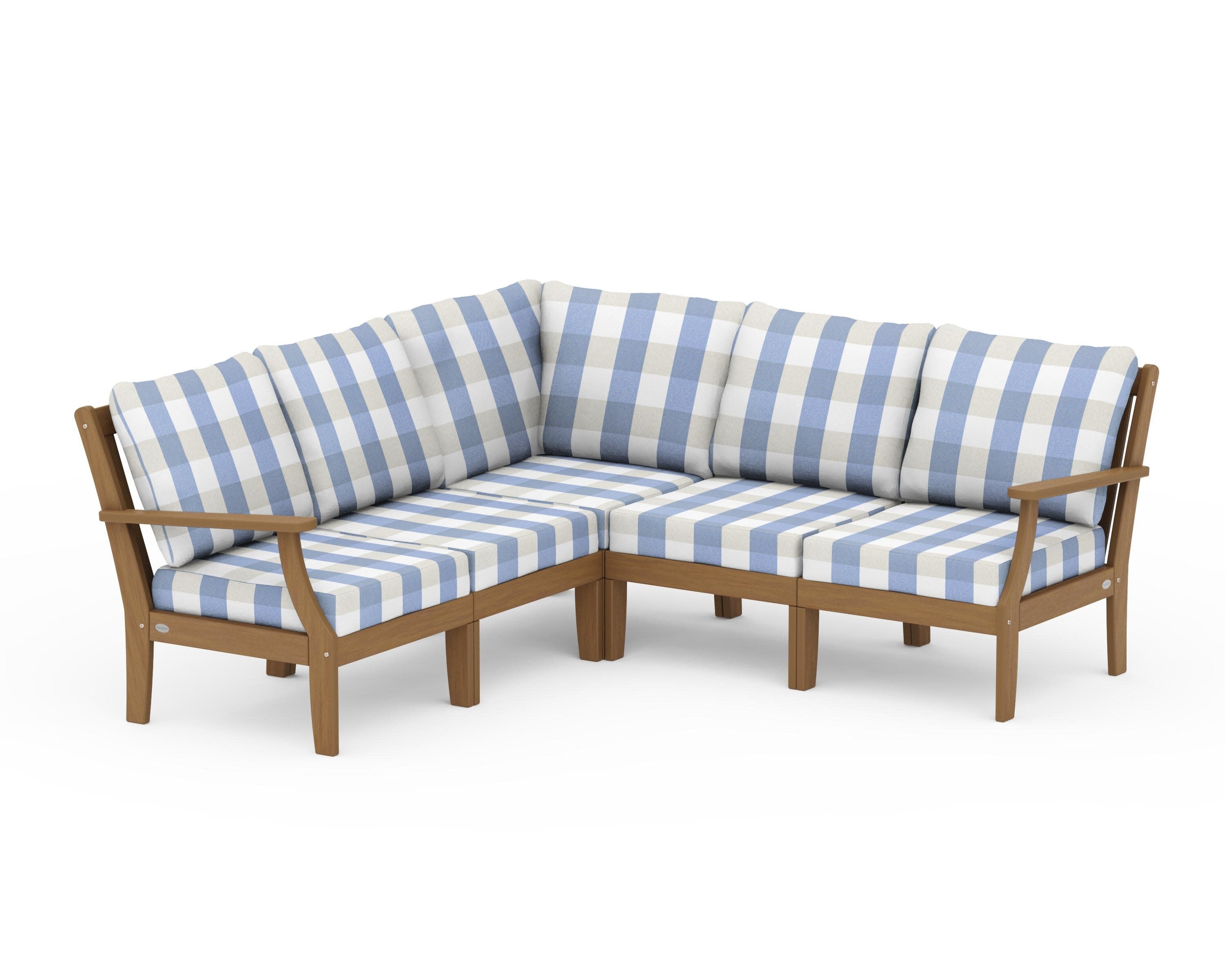 Braxton Modular 5-Piece Deep Seating Set in Natural / Buffalo Plaid Sky Blue