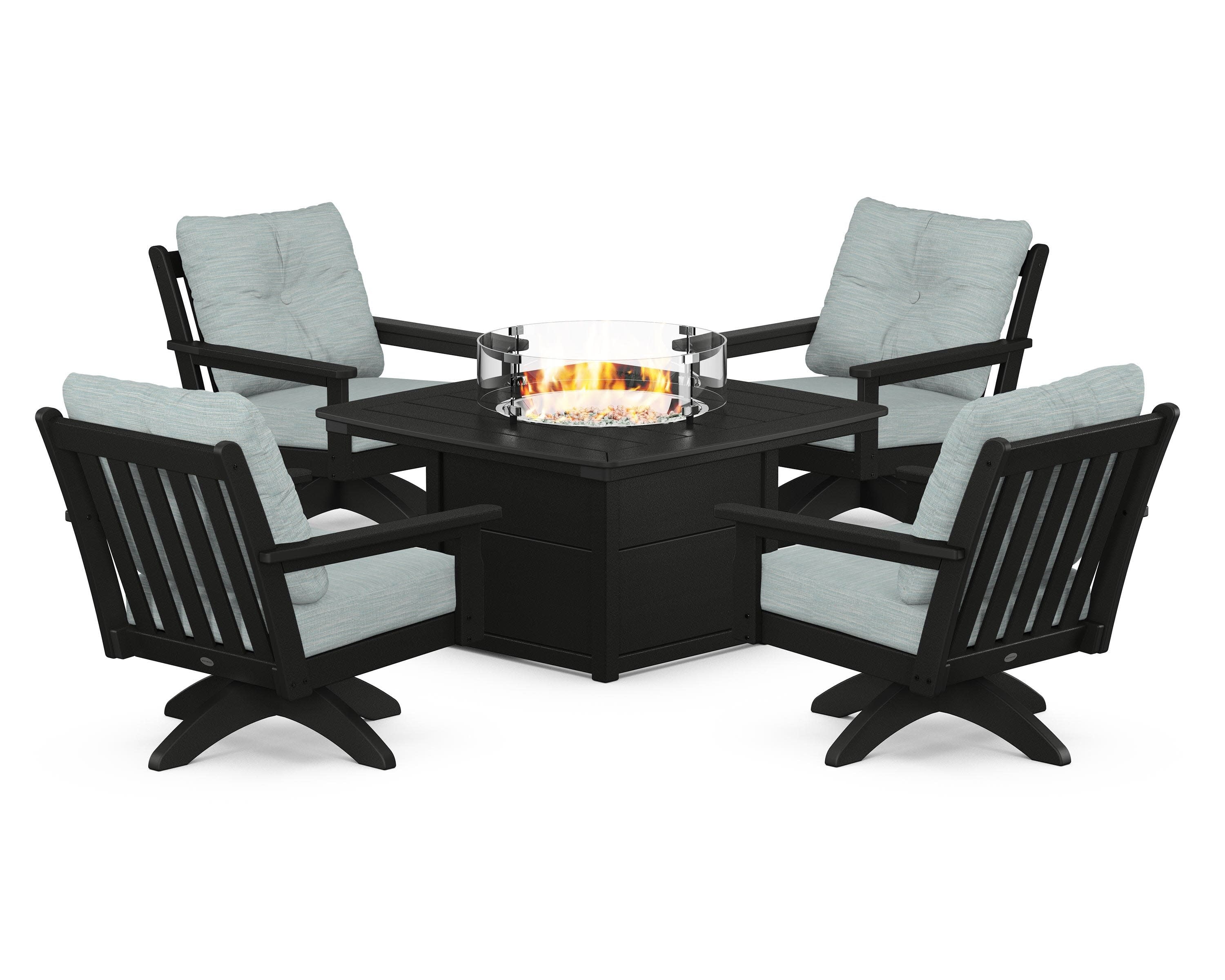 Vineyard 5-Piece Deep Seating Swivel Conversation Set with Fire Pit Table in Black / Soothe Mist