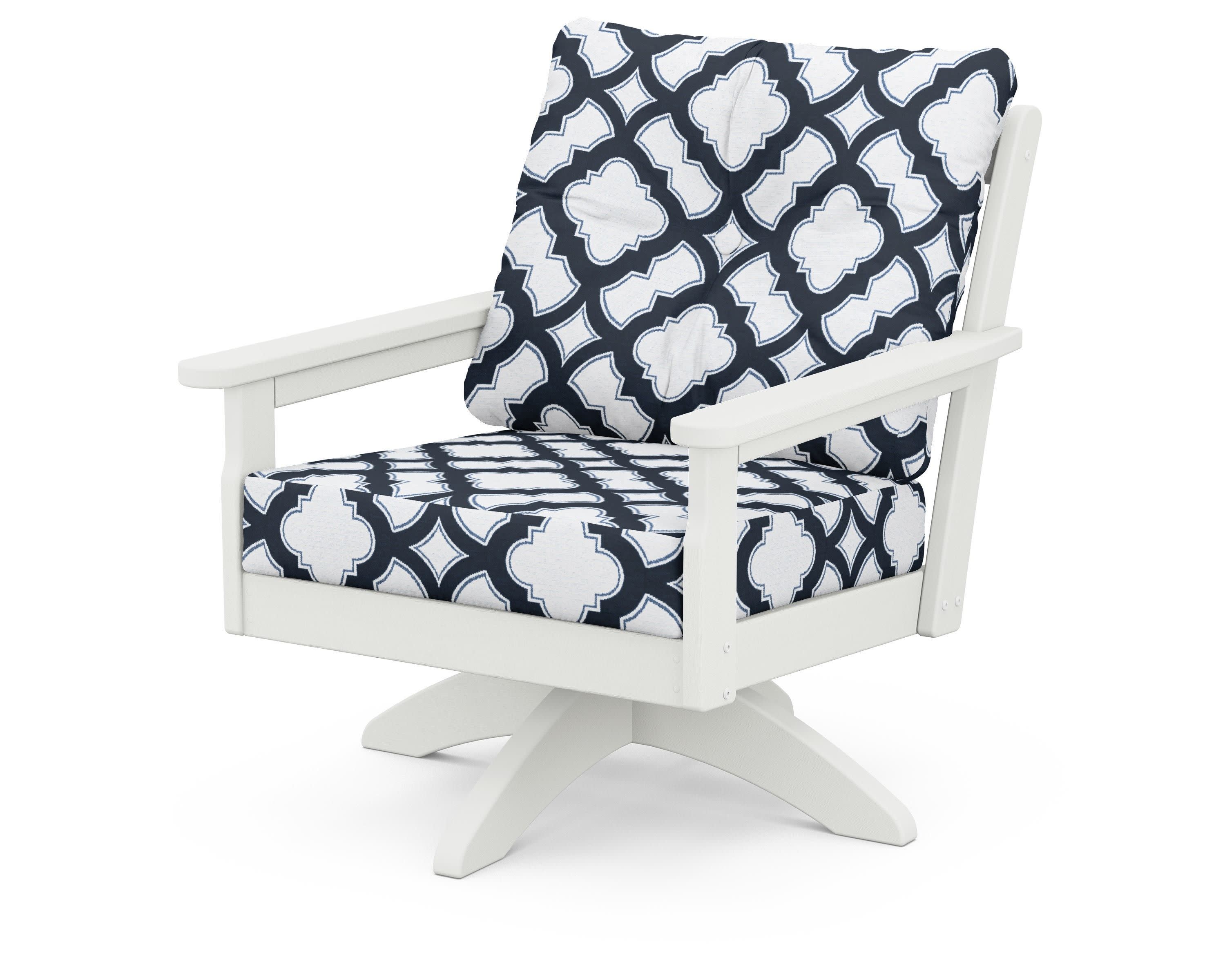 Vineyard Deep Seating Swivel Chair in Vintage White / Trellis Marine Indigo