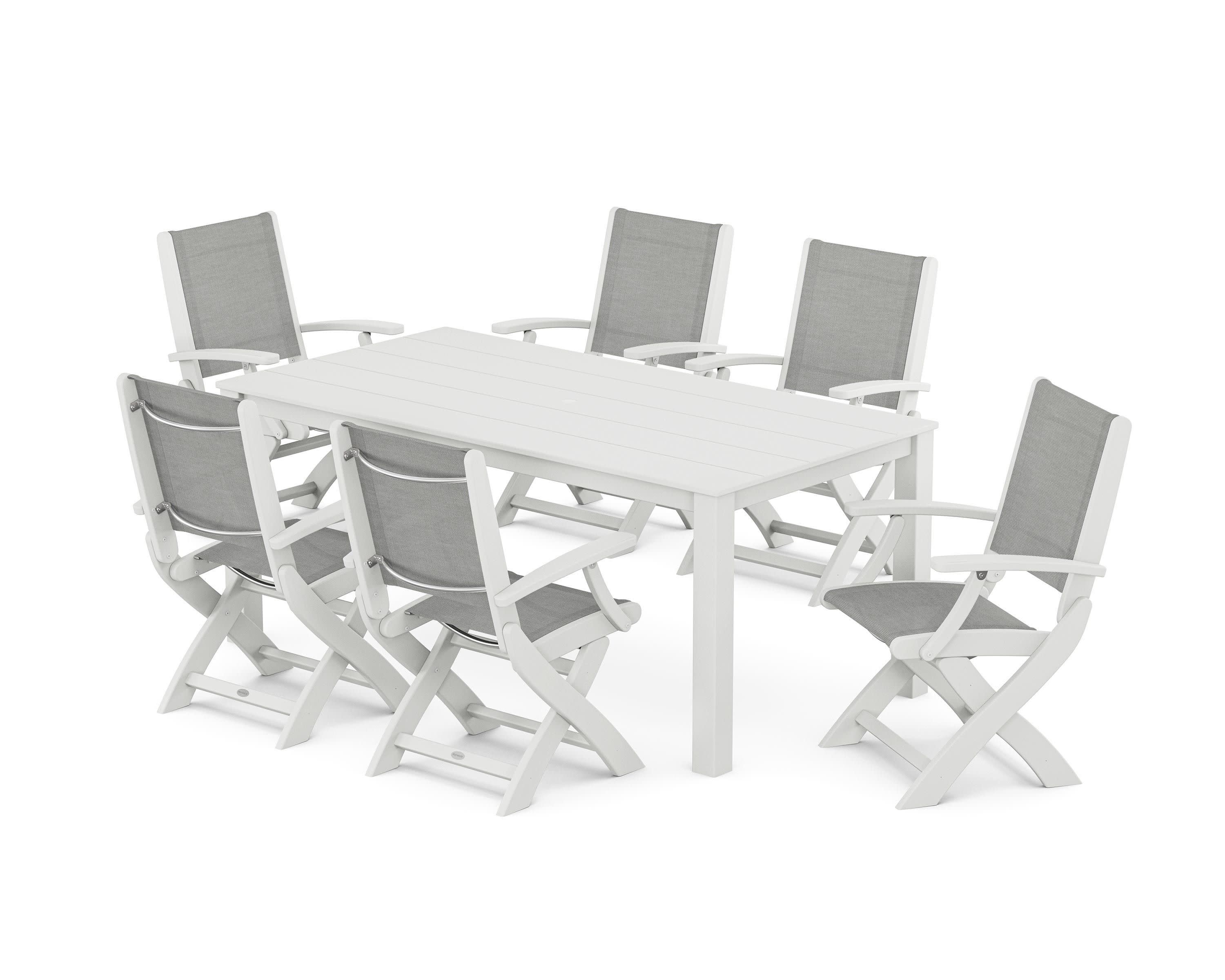 Coastal Folding Chair 7-Piece Parsons Dining Set in White / Metallic Sling