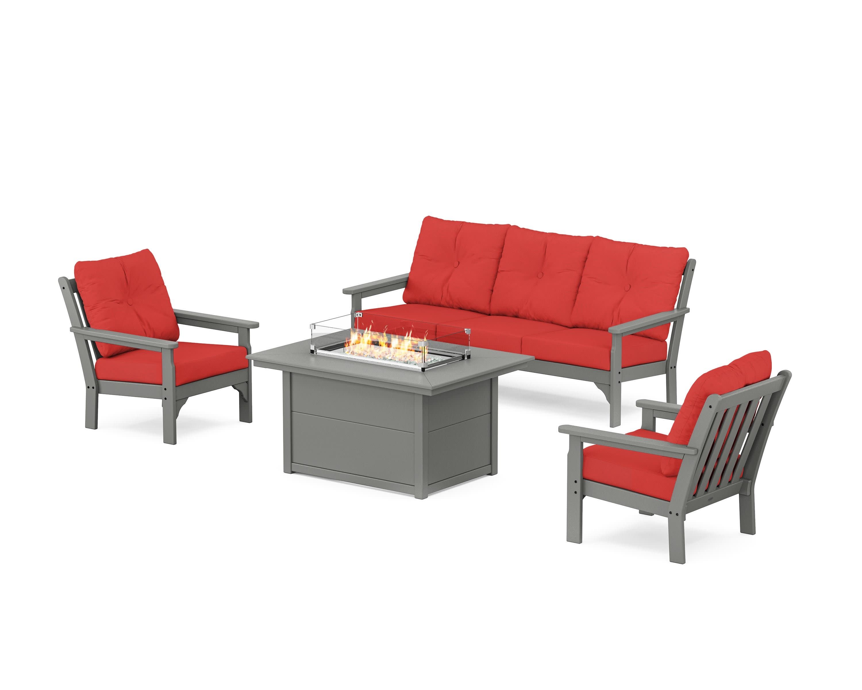 Vineyard Deep Seating Fire Pit Table Set in Slate Grey / Crimson Linen