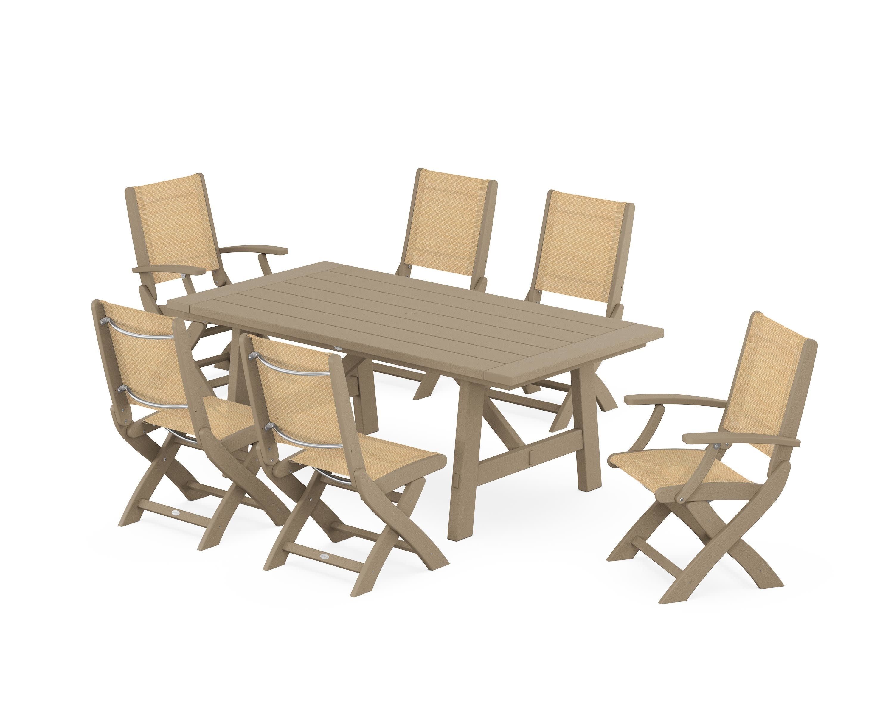 Coastal Folding Chair 7-Piece Rustic Farmhouse Dining Set in Vintage Sahara / Dupioni Apricot Sling
