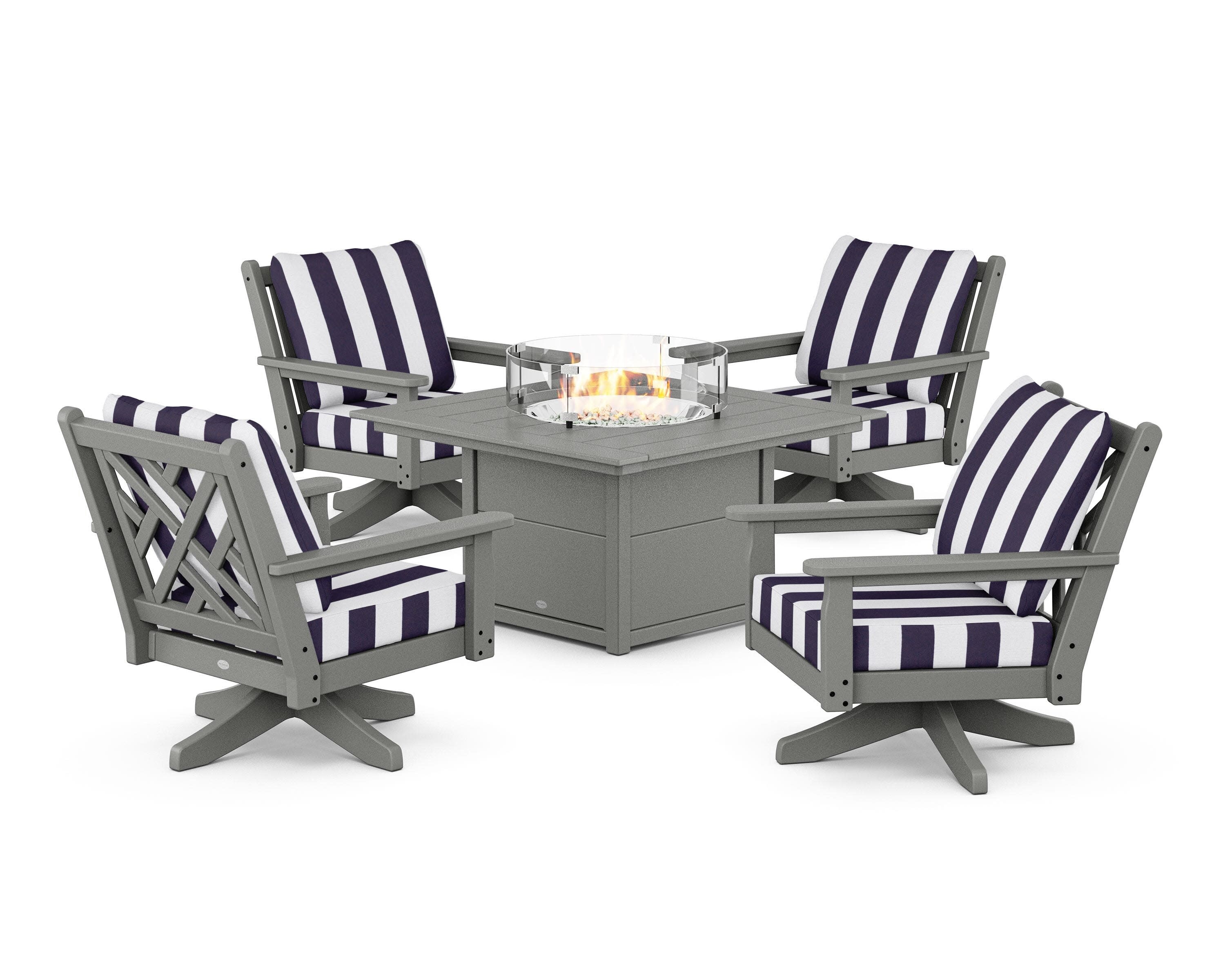 Chippendale 5-Piece Deep Seating Swivel Conversation Set with Fire Pit Table in Slate Grey / Cabana Stripe Navy