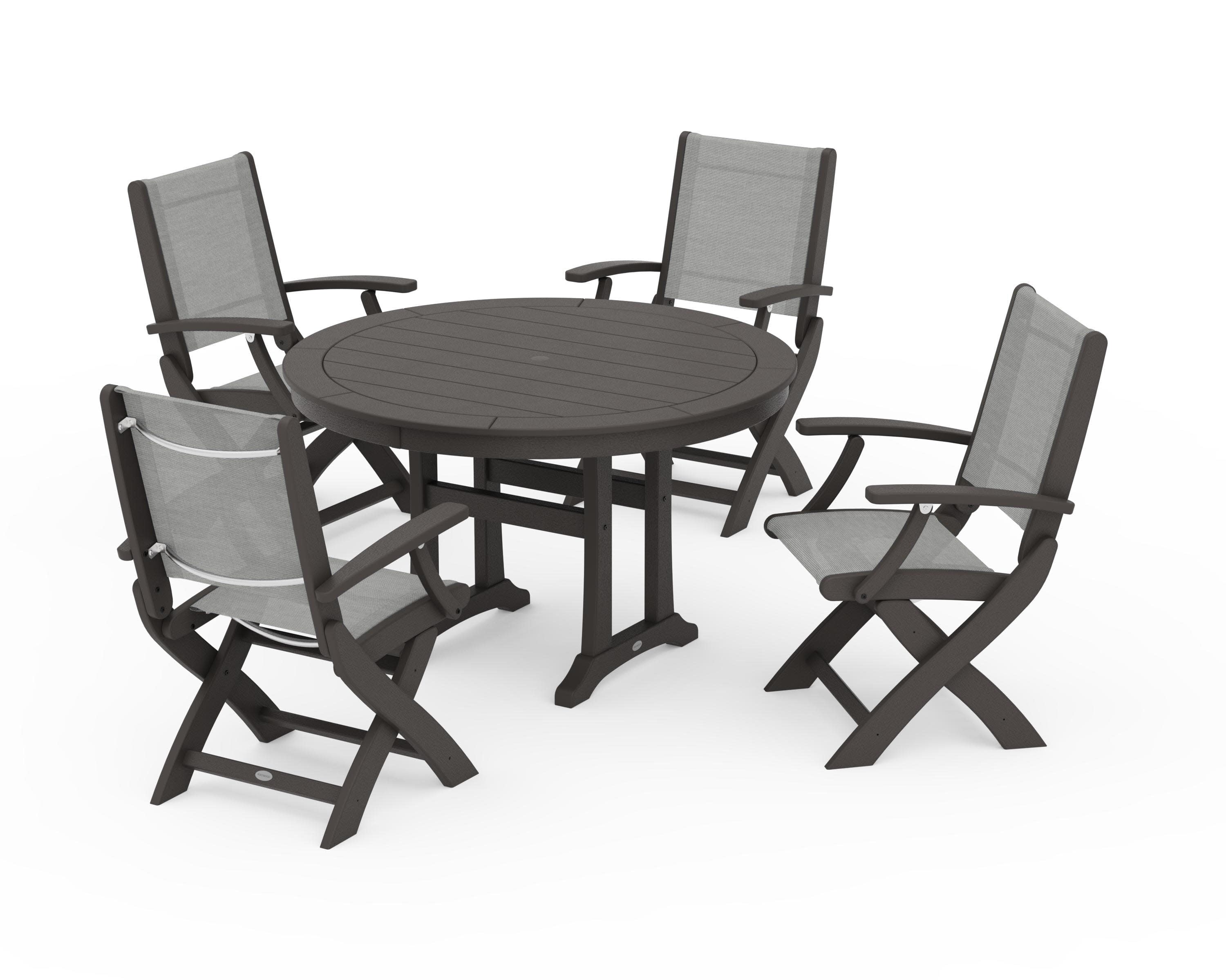 Coastal Folding Chair 5-Piece Round Dining Set with Trestle Legs in Vintage Coffee / Metallic Sling