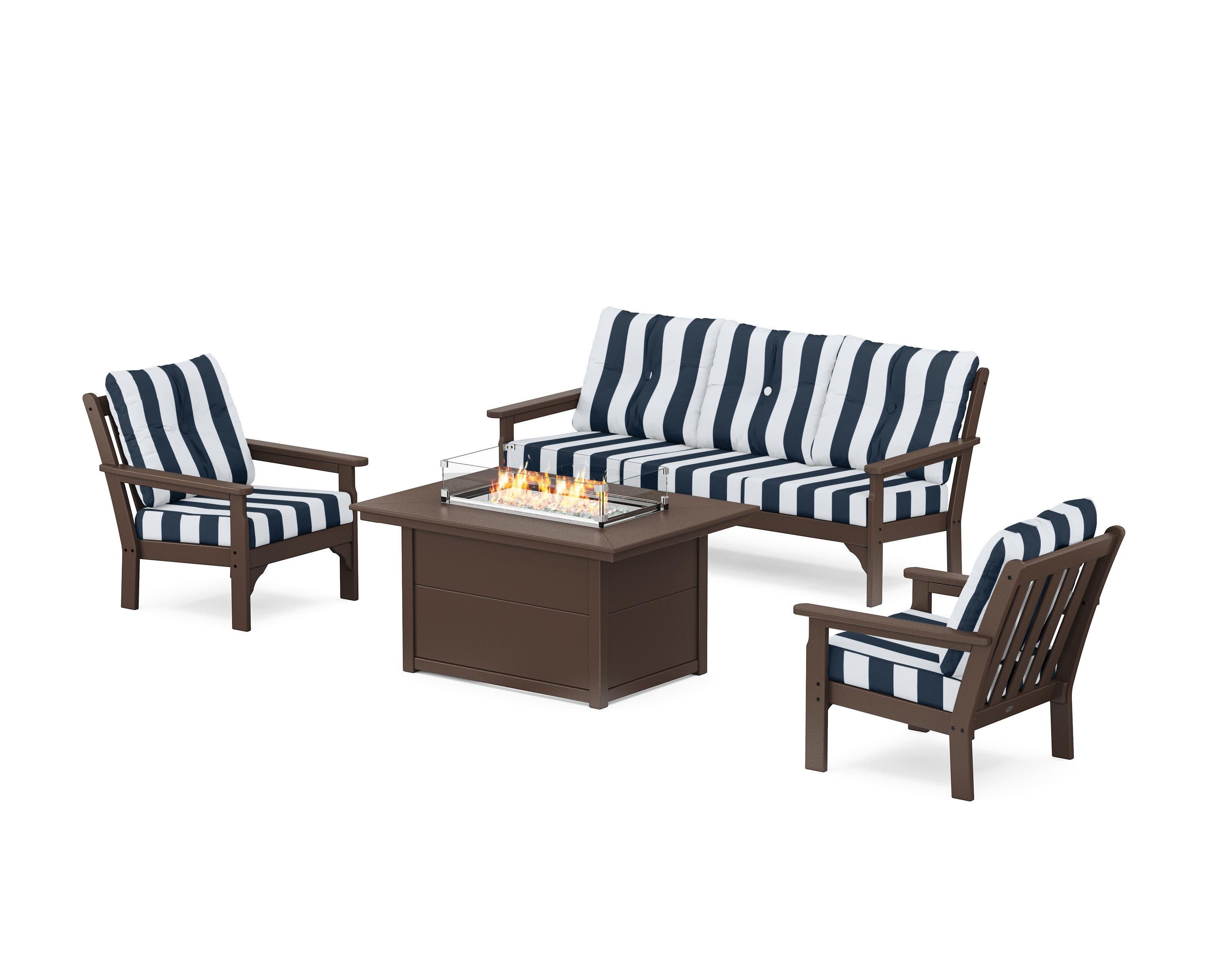 Vineyard Deep Seating Fire Pit Table Set in Mahogany / Cabana Stripe Marine Indigo