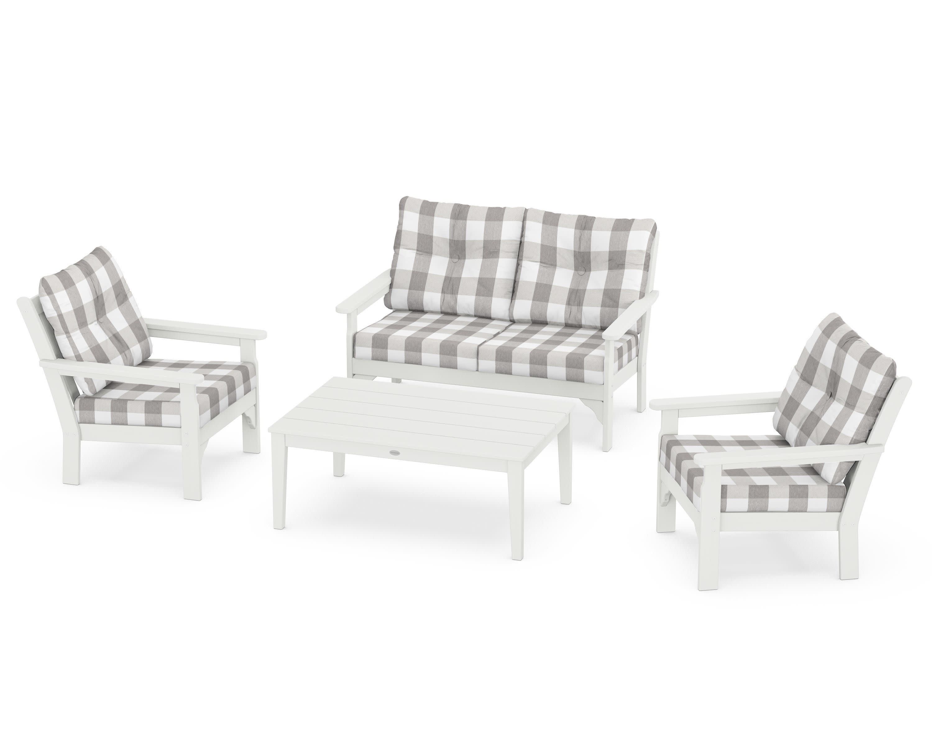 Vineyard 4-Piece Deep Seating Set in Vintage White / Buffalo Plaid Grey Mist