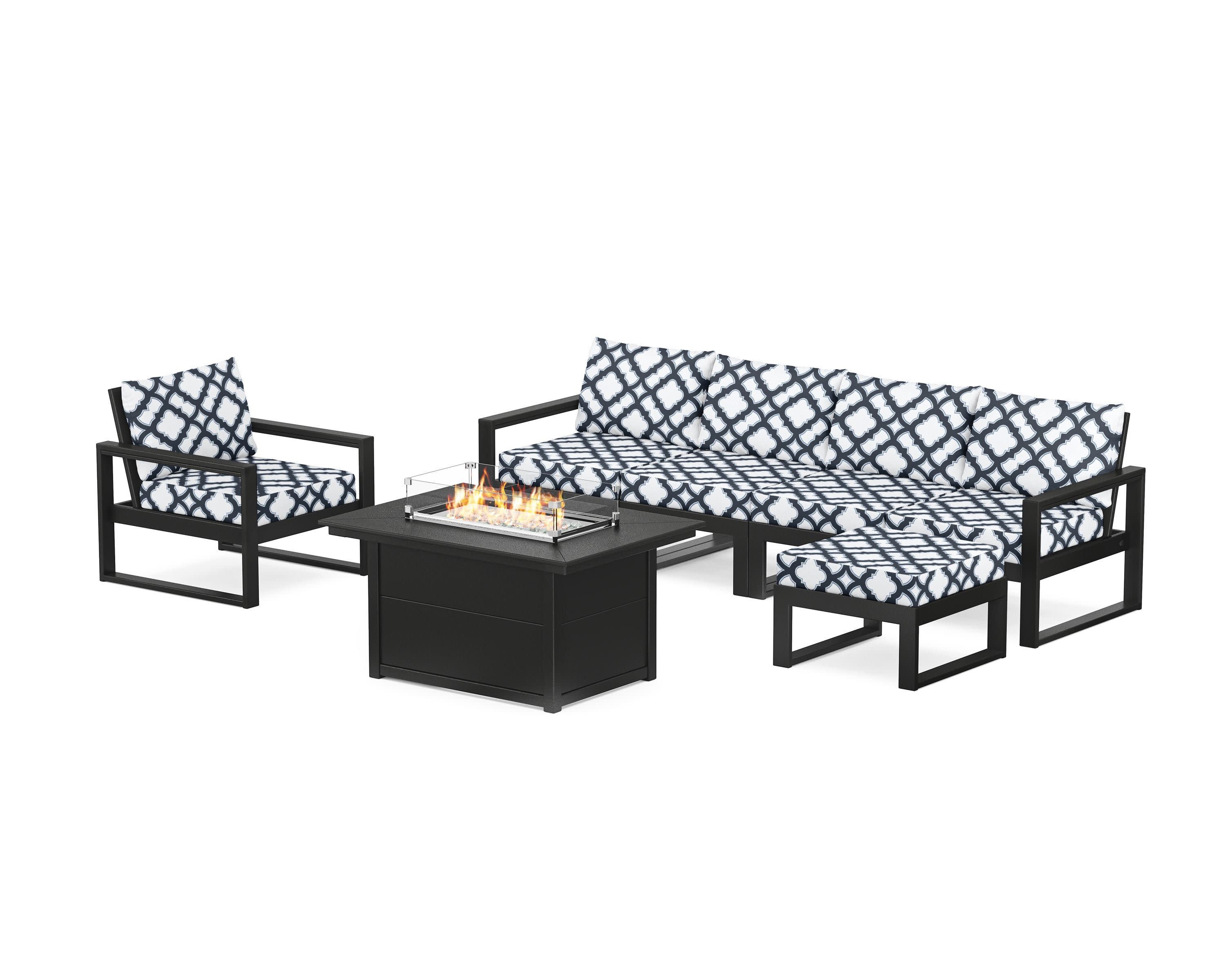 EDGE Sectional Lounge and Fire Pit Set in Black / Trellis Marine Indigo