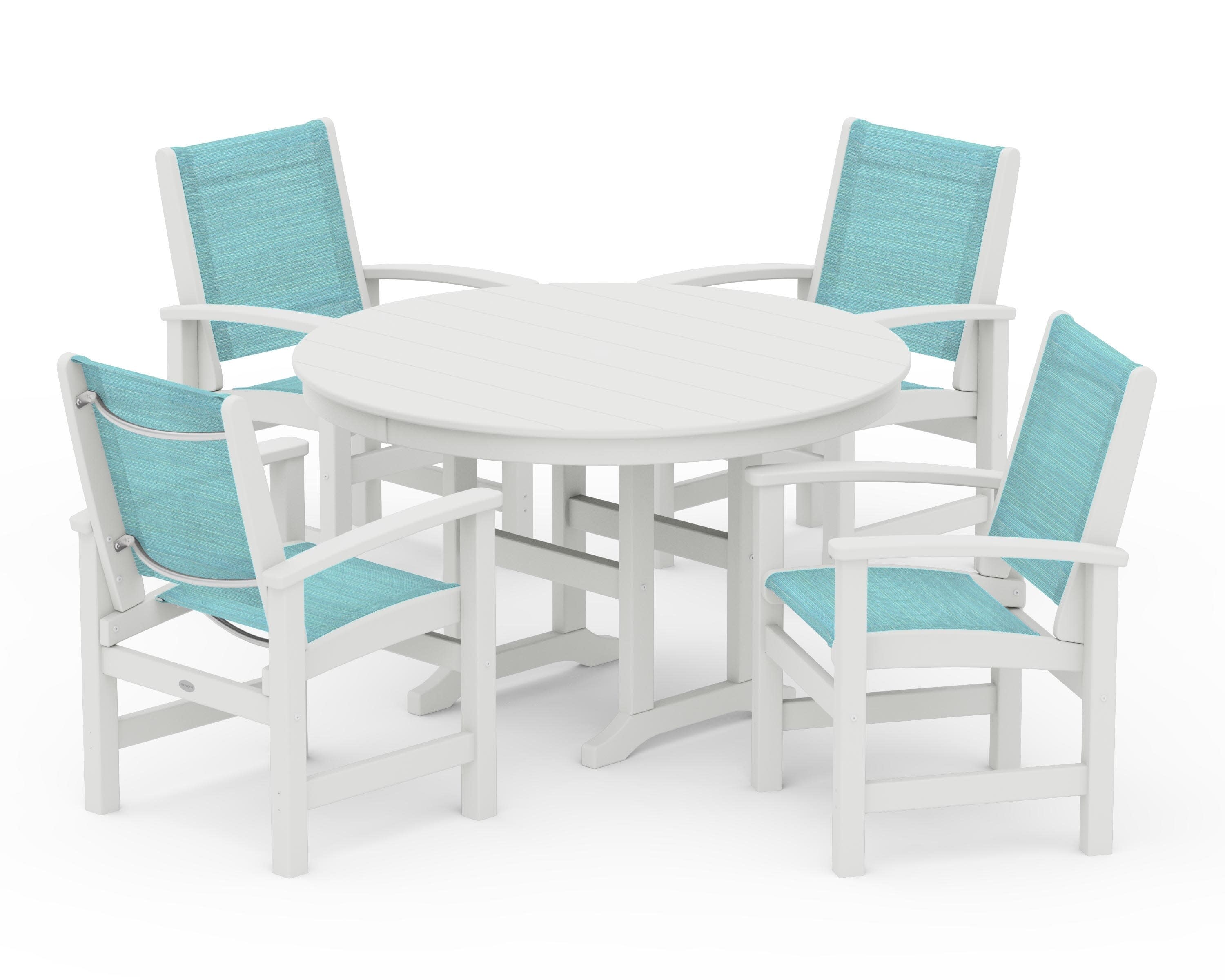 Coastal 5-Piece Round Farmhouse Dining Set in Vintage White / Dupioni Aquamarine Sling