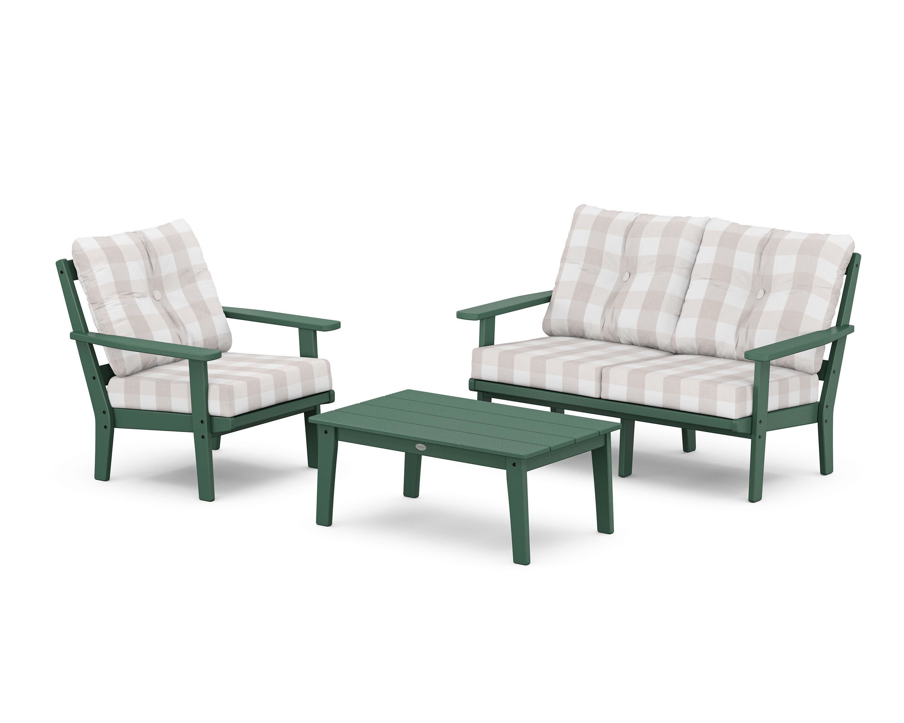 Oxford 3-Piece Deep Seating Set with Loveseat in Green / Buffalo Plaid Dune Burlap