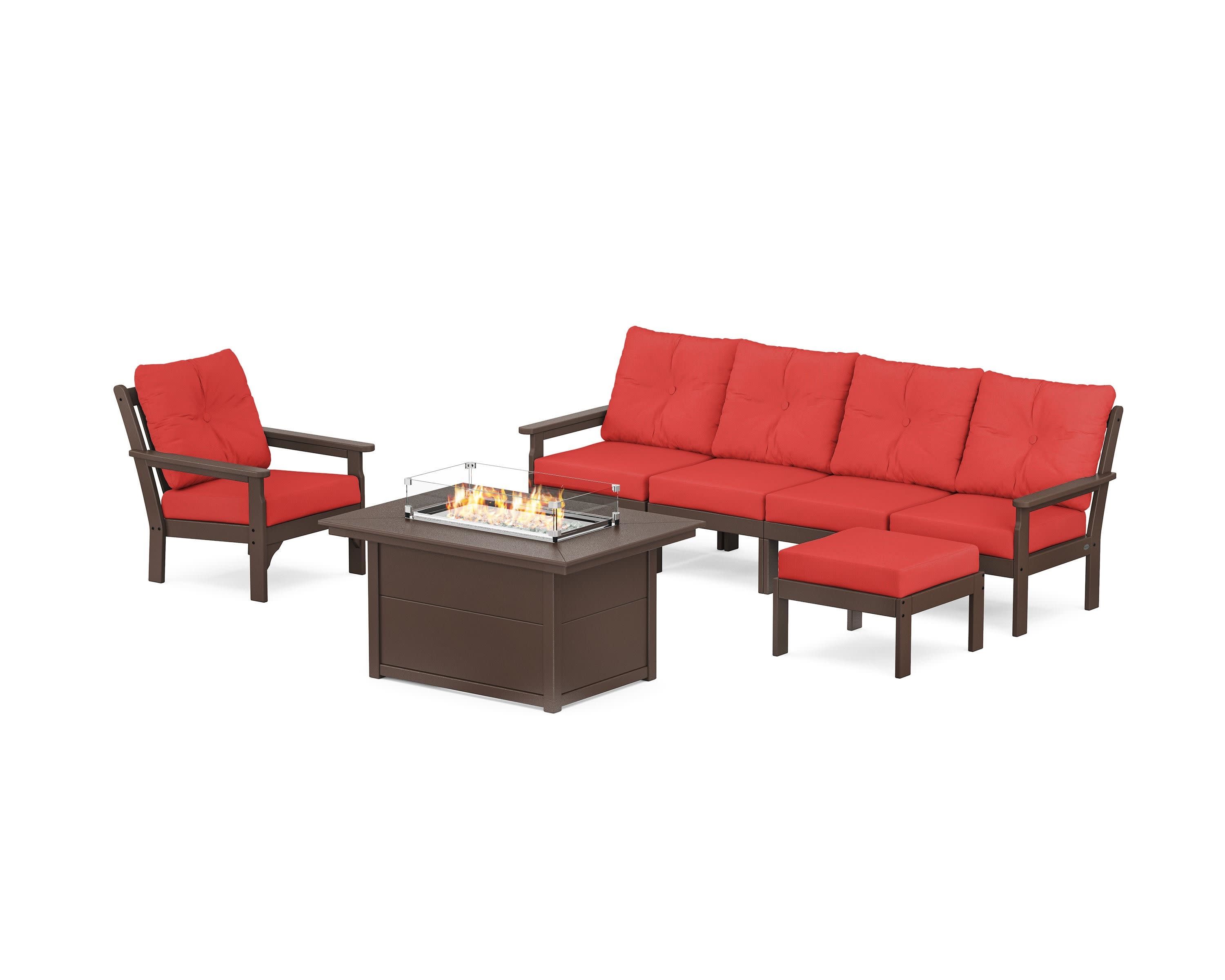 Vineyard Sectional Lounge and Fire Pit Set in Mahogany / Crimson Linen