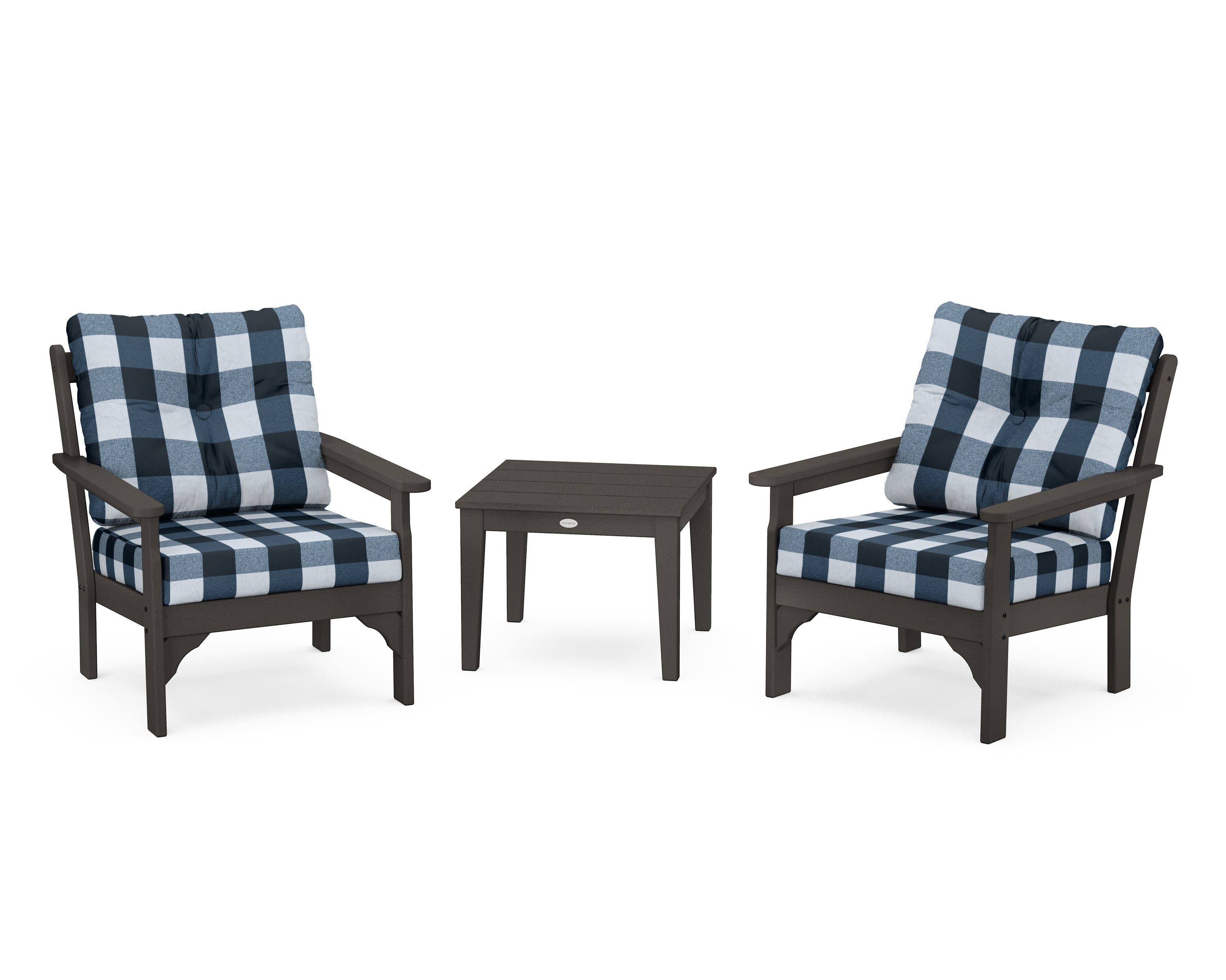 Vineyard 3-Piece Deep Seating Set in Vintage Coffee / Buffalo Plaid Marine Indigo