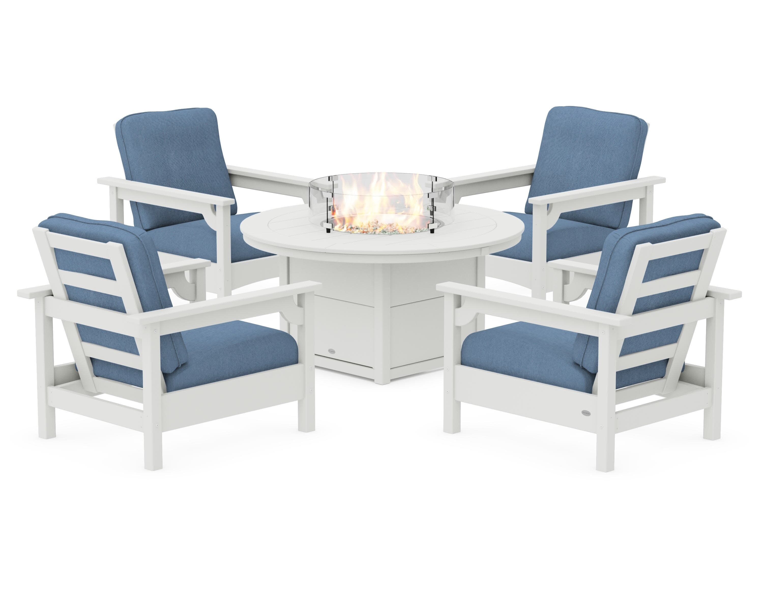 Club 5-Piece Conversation Set with Fire Pit Table in Vintage White / Sky Blue