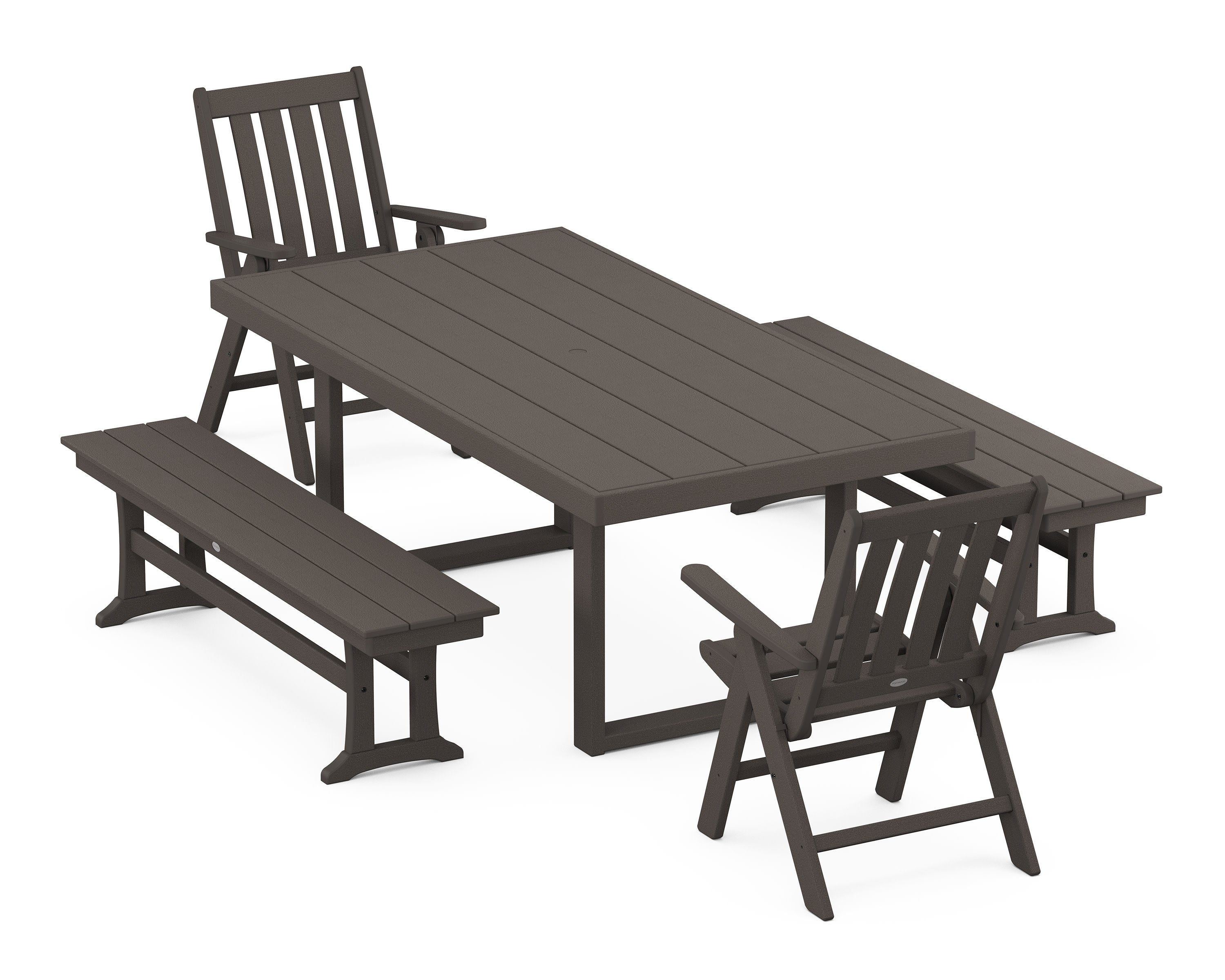 Vineyard Folding Chair 5-Piece Dining Set with Benches in Vintage Coffee