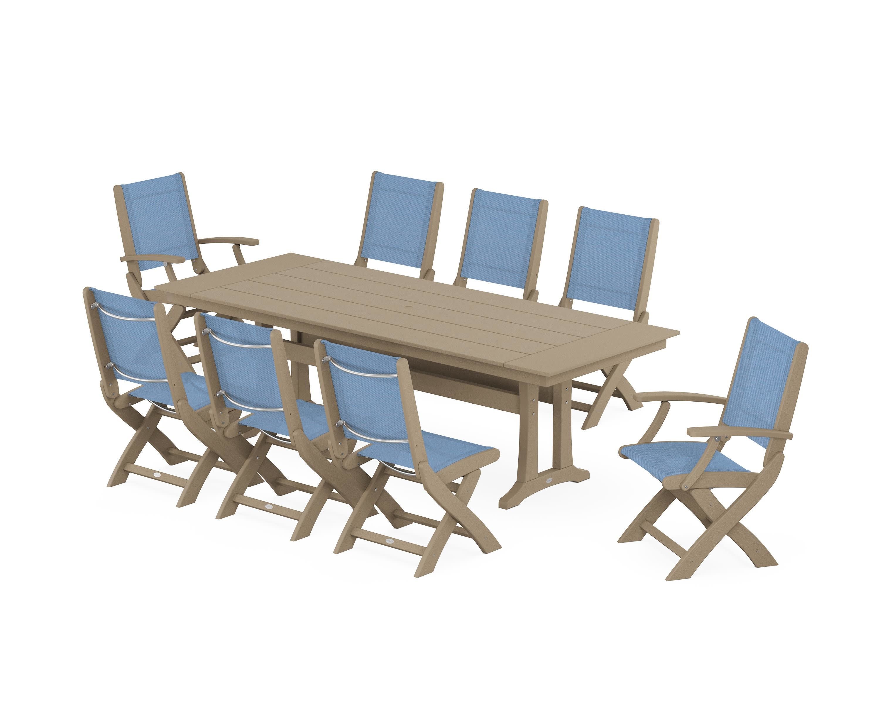 Coastal 9-Piece Folding Dining Chair Farmhouse Dining Set with Trestle Legs in Vintage Sahara / Poolside Sling