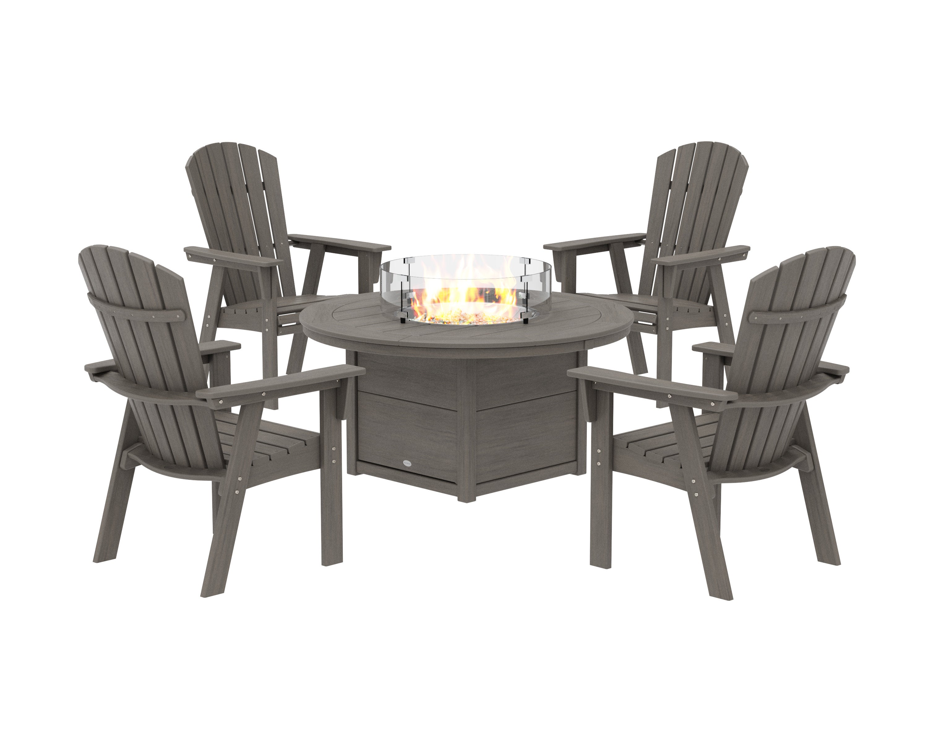 Nautical 4-Piece Curveback Upright Adirondack Conversation Set with Fire Pit Table in Driftwood