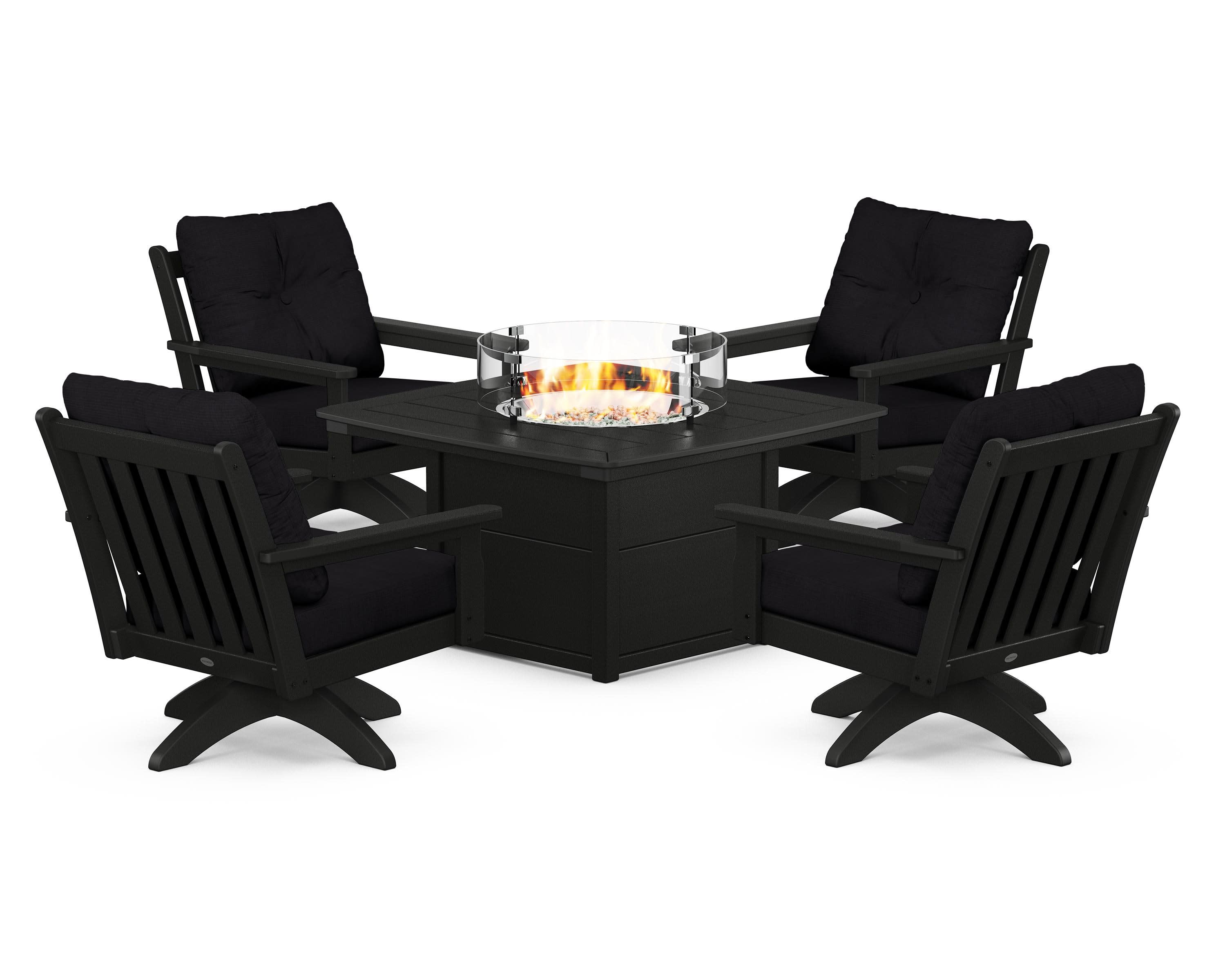 Vineyard 5-Piece Deep Seating Swivel Conversation Set with Fire Pit Table in Black / Midnight Linen