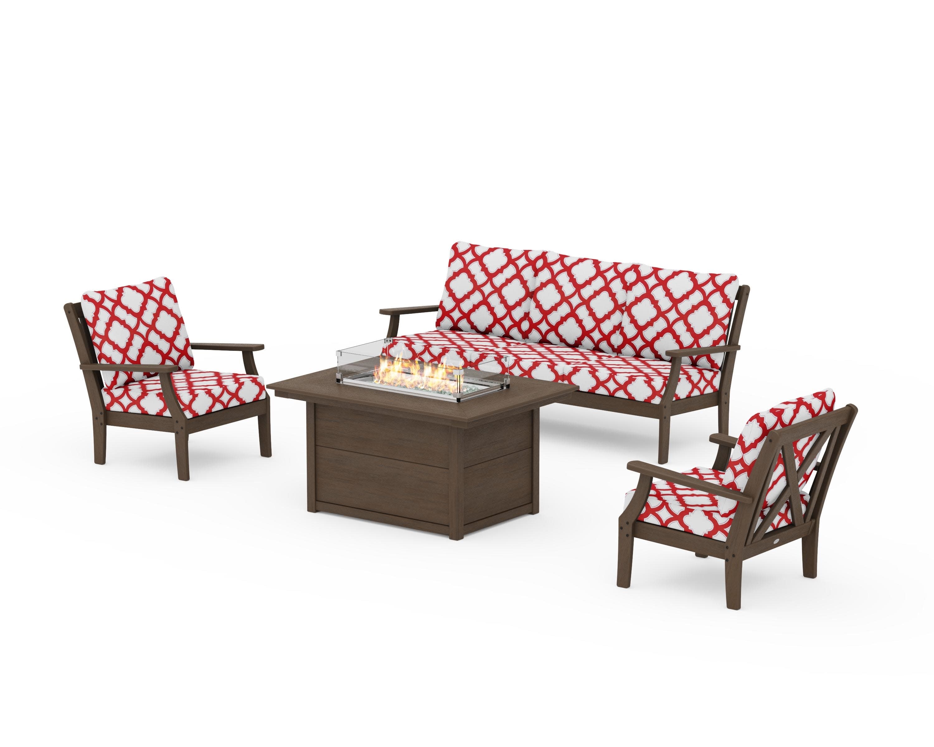 Braxton Deep Seating Fire Pit Table Set in Kona / Trellis Crimson