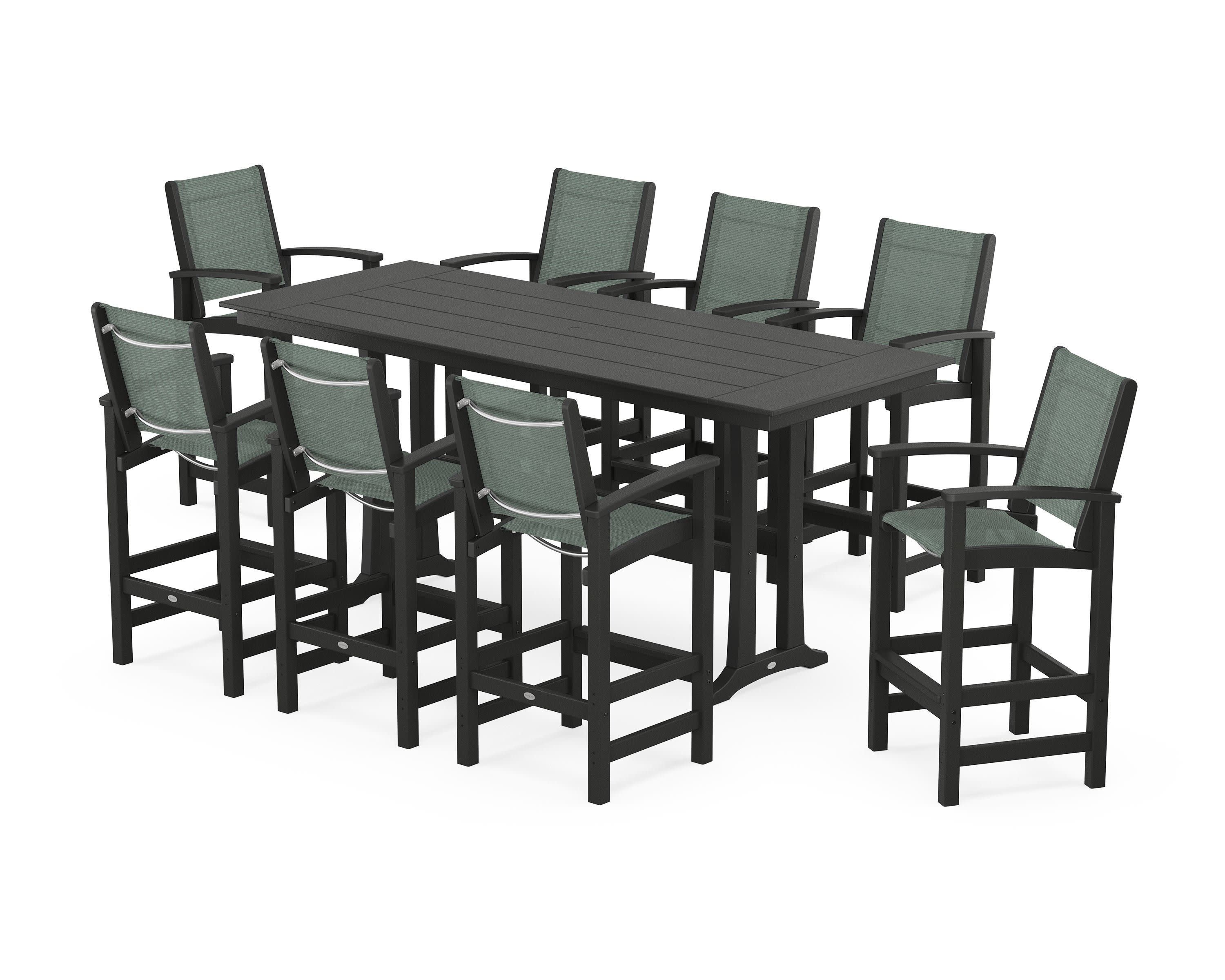Coastal 9-Piece Farmhouse Bar Set with Trestle Legs in Black / Dupioni Sea Mist Sling